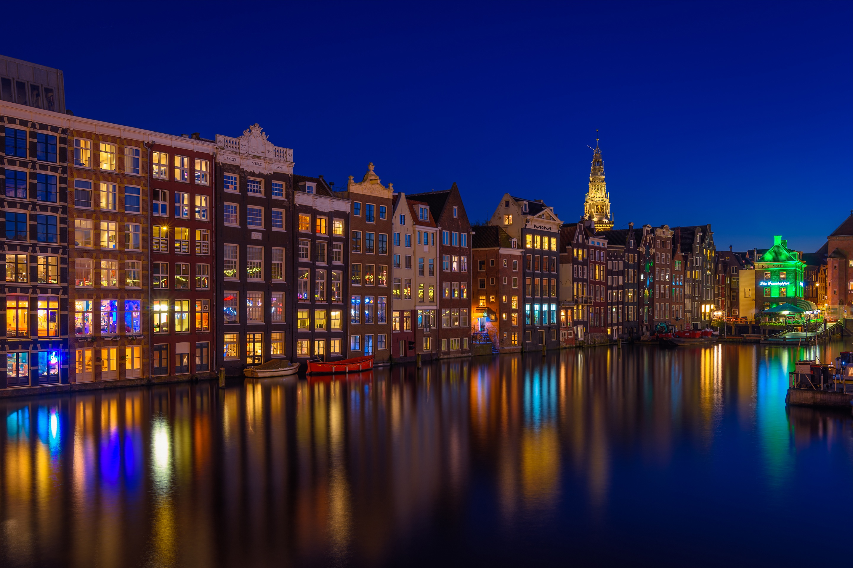 PCデスクトップに都市, 家, 建物, オランダ, 夜, アムステルダム, マンメイド, 運河画像を無料でダウンロード