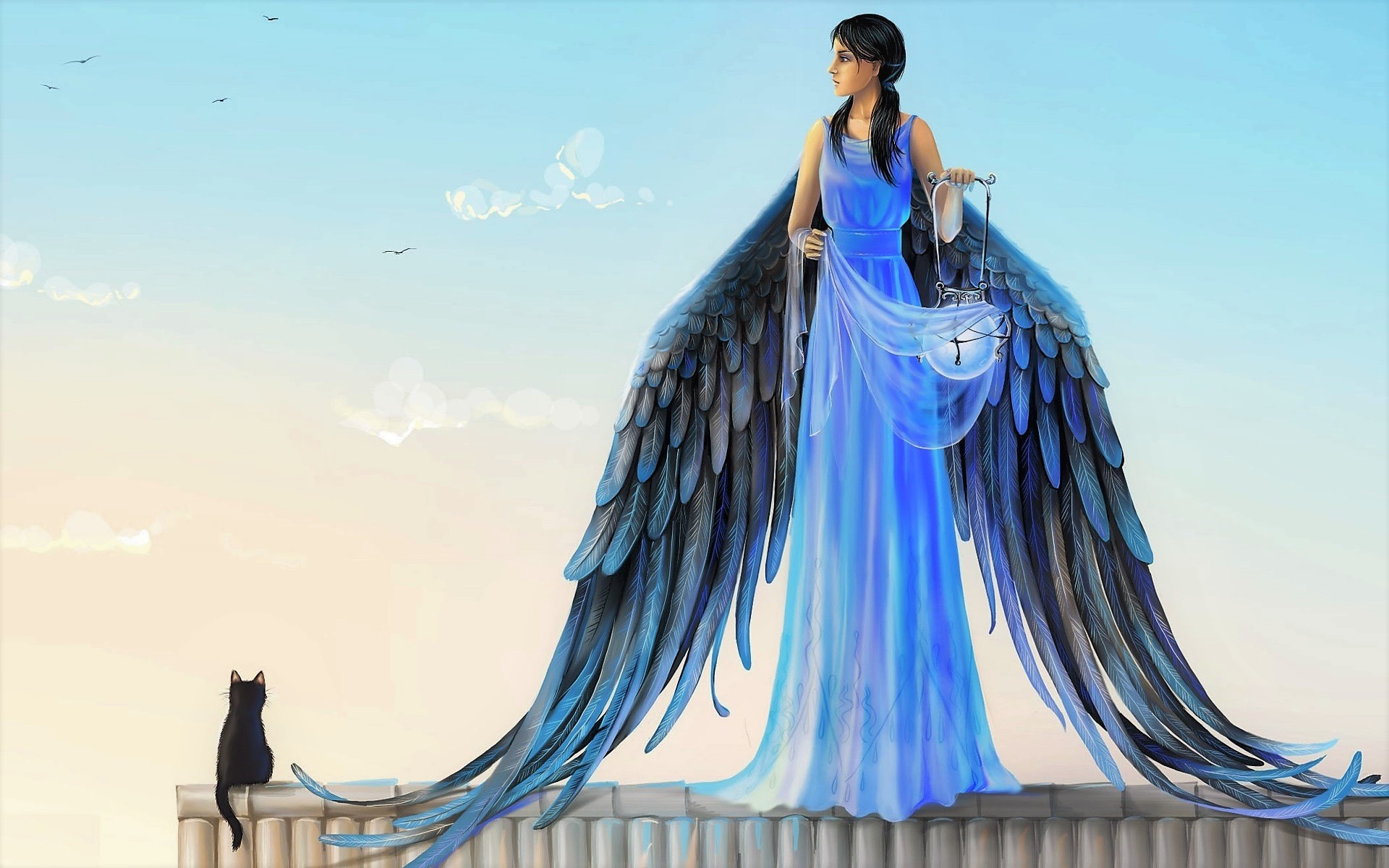 Download mobile wallpaper Fantasy, Cat, Wings, Angel, Blue Dress for free.