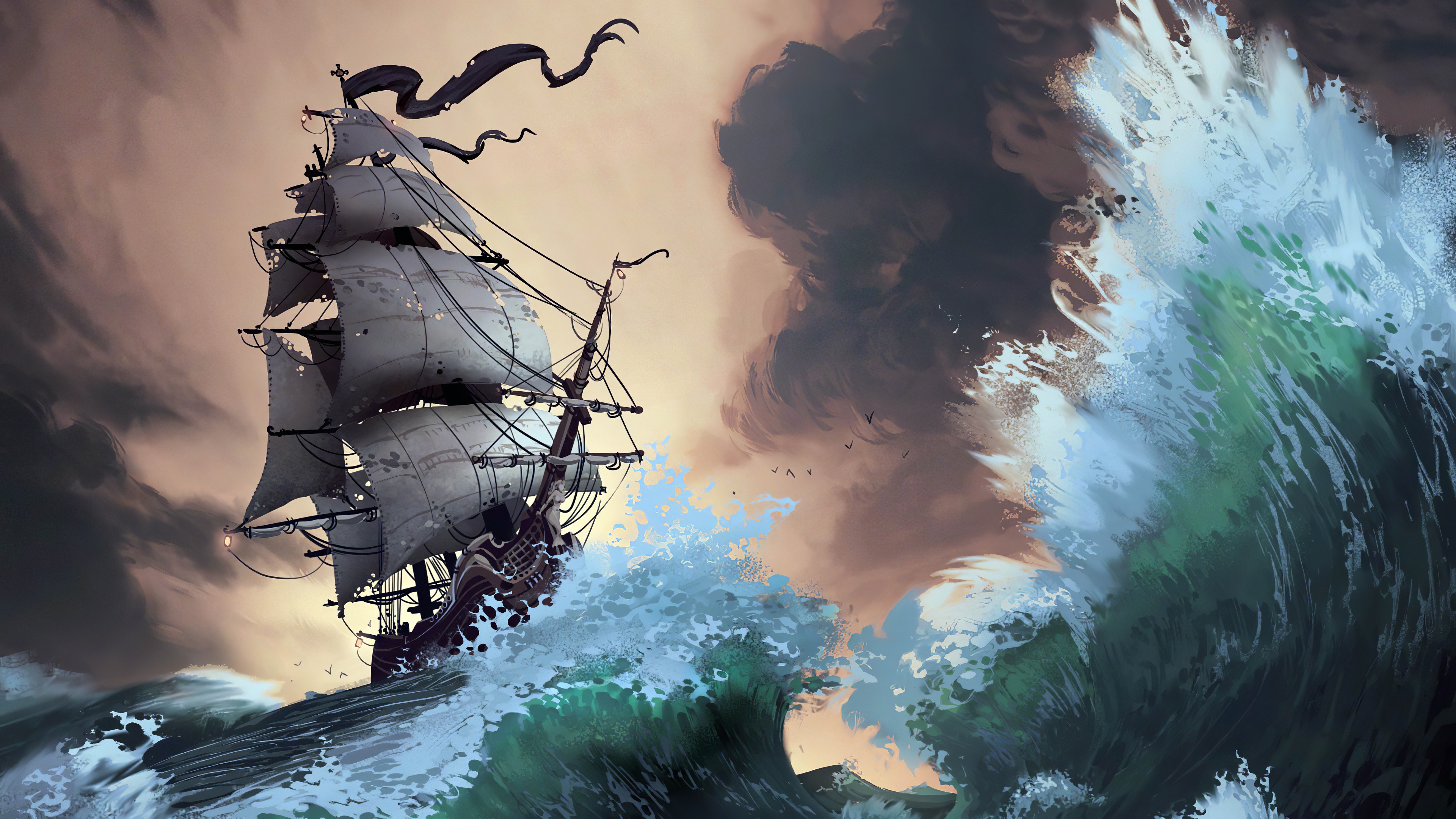 Free download wallpaper Fantasy, Ship, Wave on your PC desktop