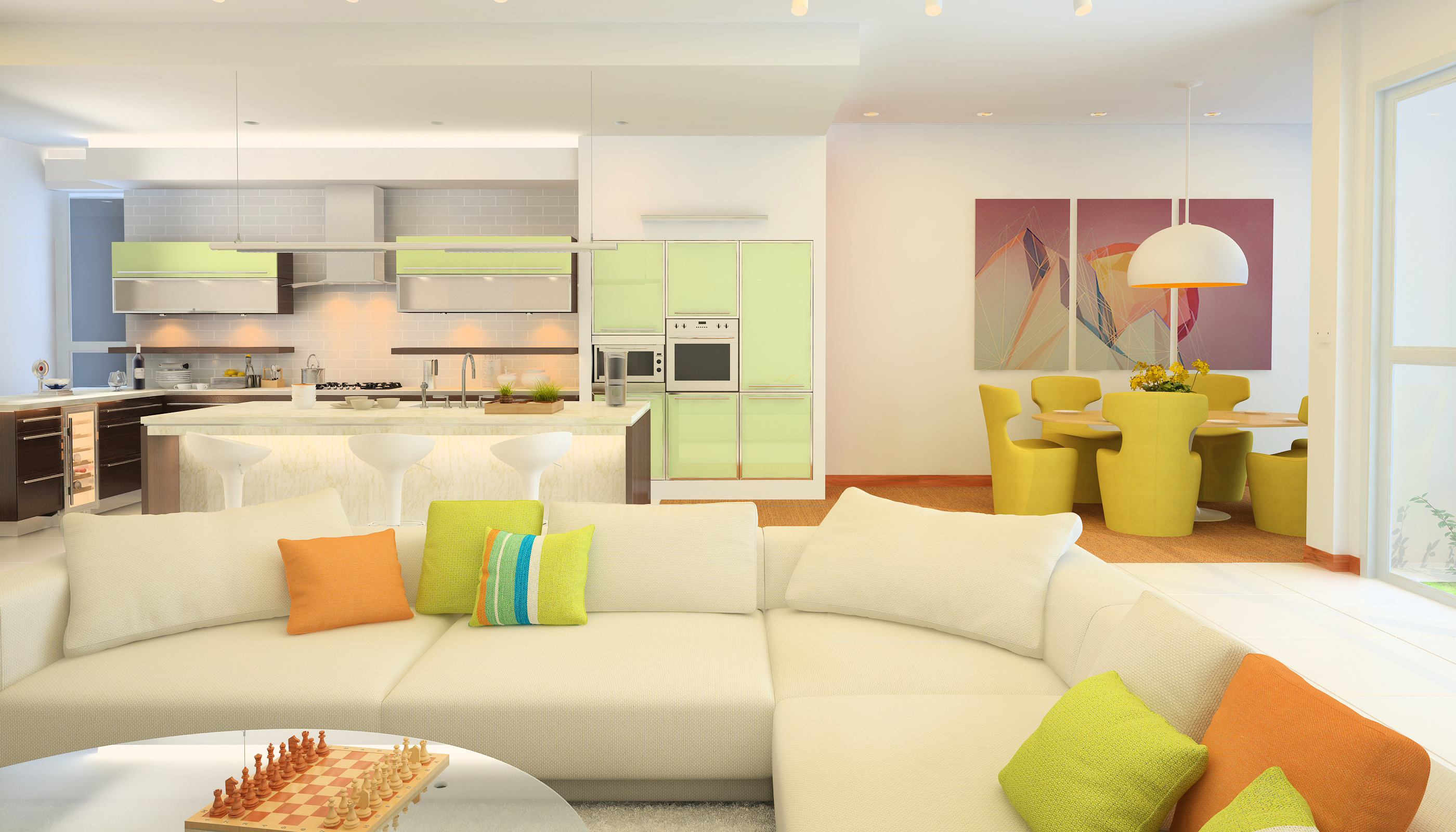 Download mobile wallpaper Room, Sofa, Furniture, Living Room, Kitchen, Man Made for free.