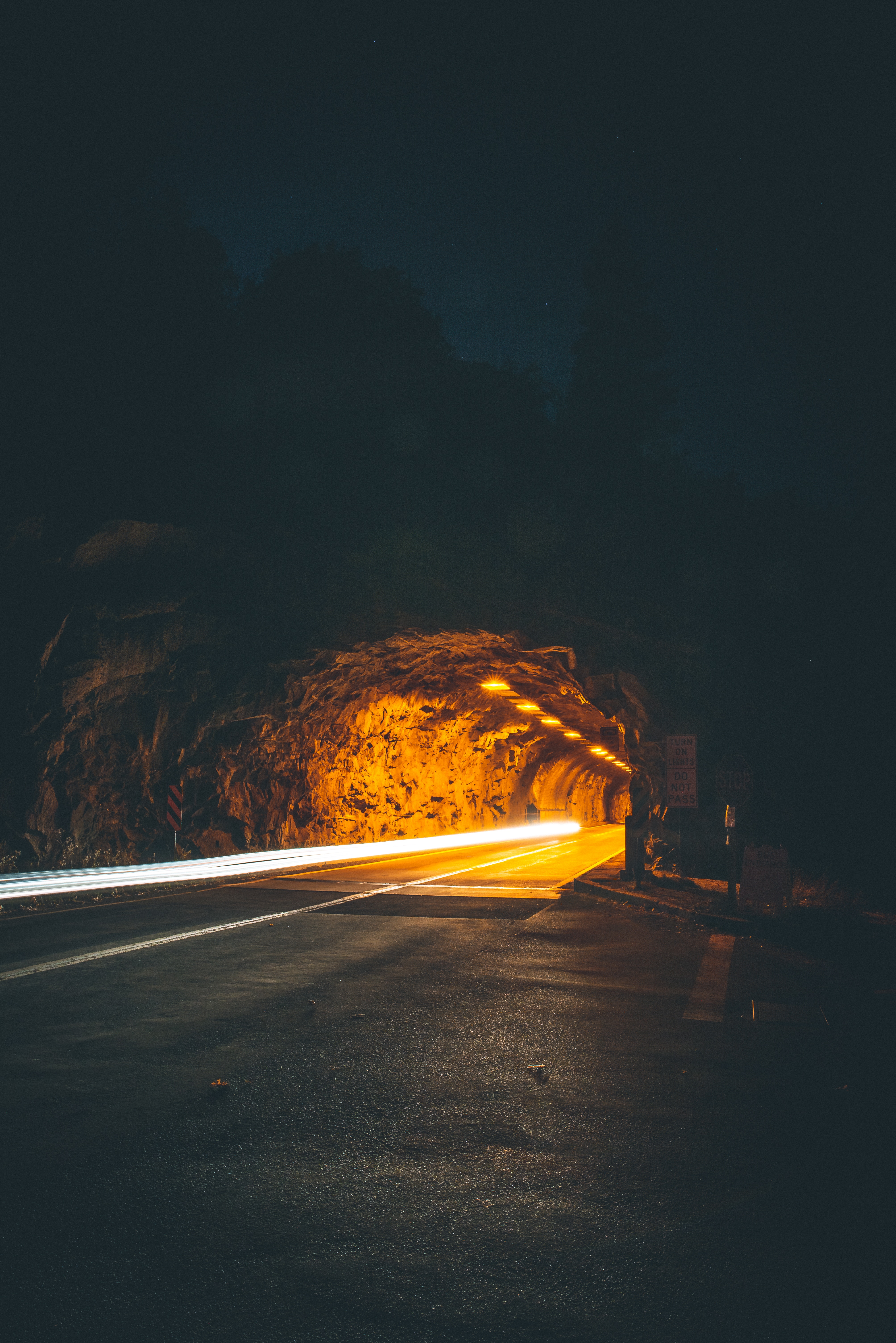 tunnel, night, rock, dark, road, traffic, movement, long exposure, backlight, illumination