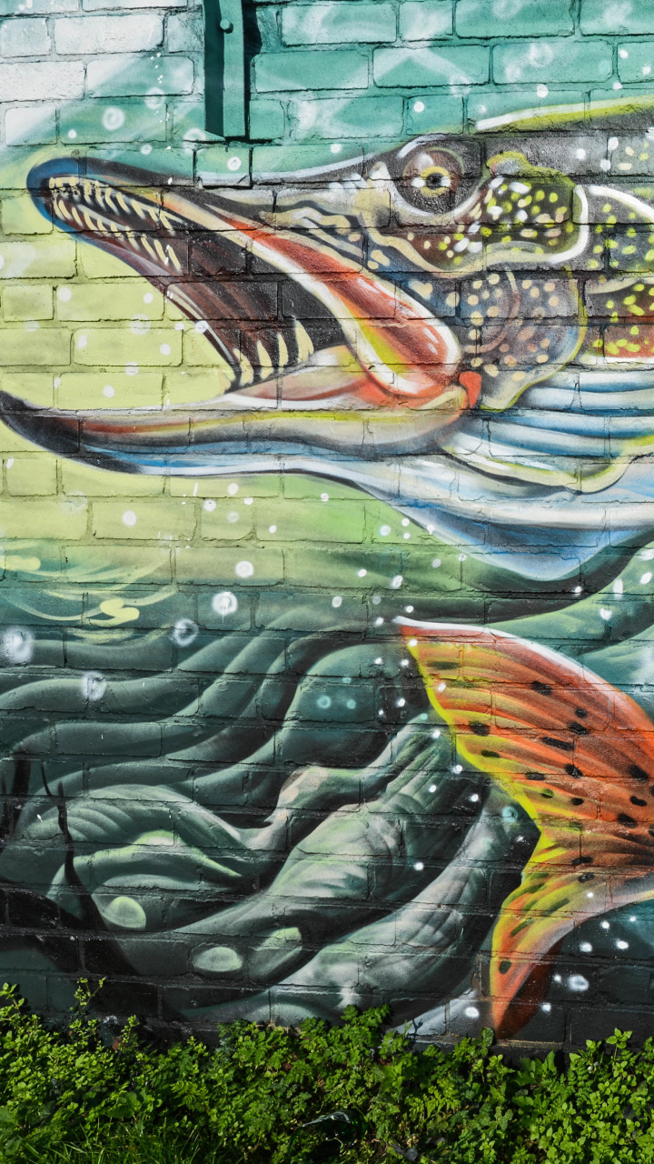 Download mobile wallpaper Wall, Graffiti, Artistic, Fish, Brick for free.