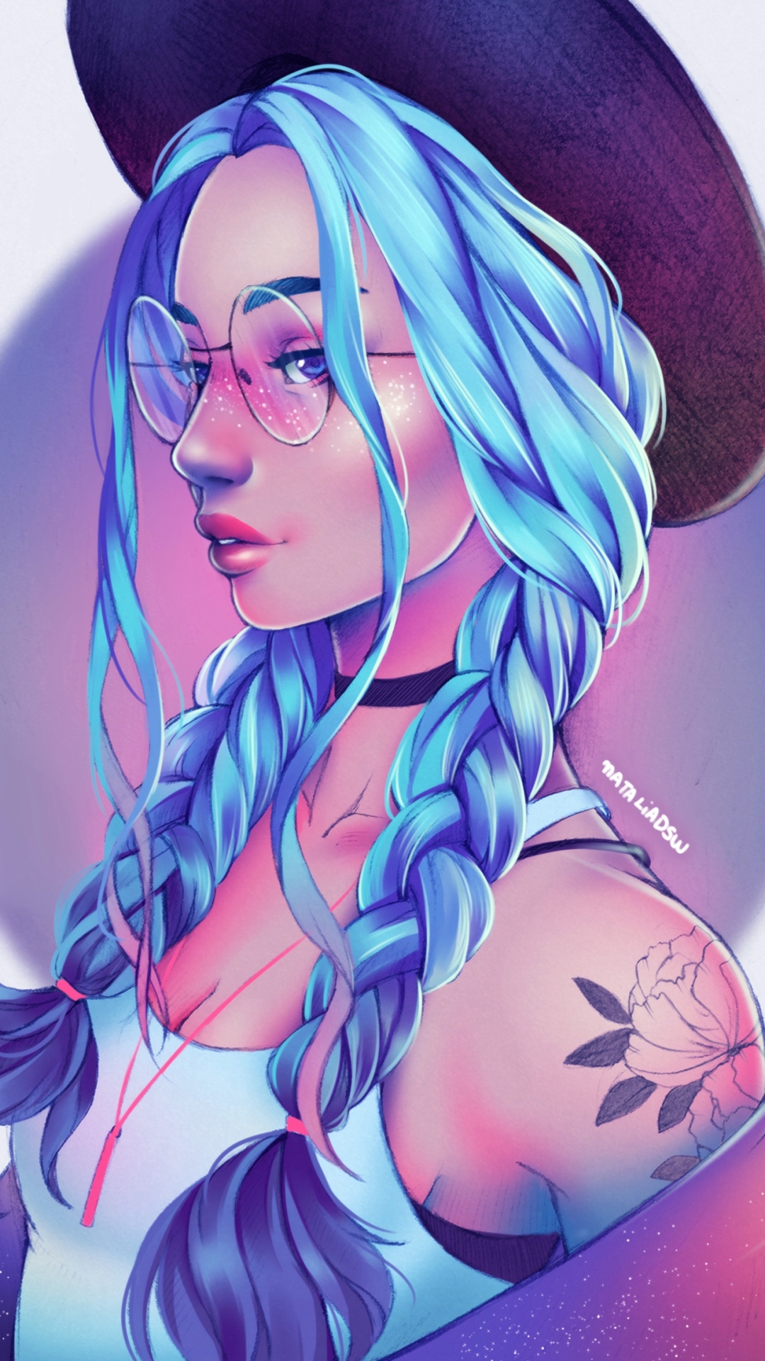 Download mobile wallpaper Artistic, Glasses, Hat, Women, Braid, Blue Hair for free.