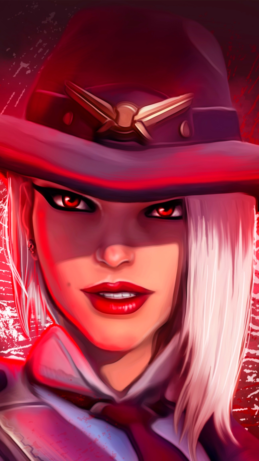 Handy-Wallpaper Gesicht, Hut, Overwatch, Rote Augen, Computerspiele, Weißes Haar, Lippenstift, Asche (Overwatch) kostenlos herunterladen.