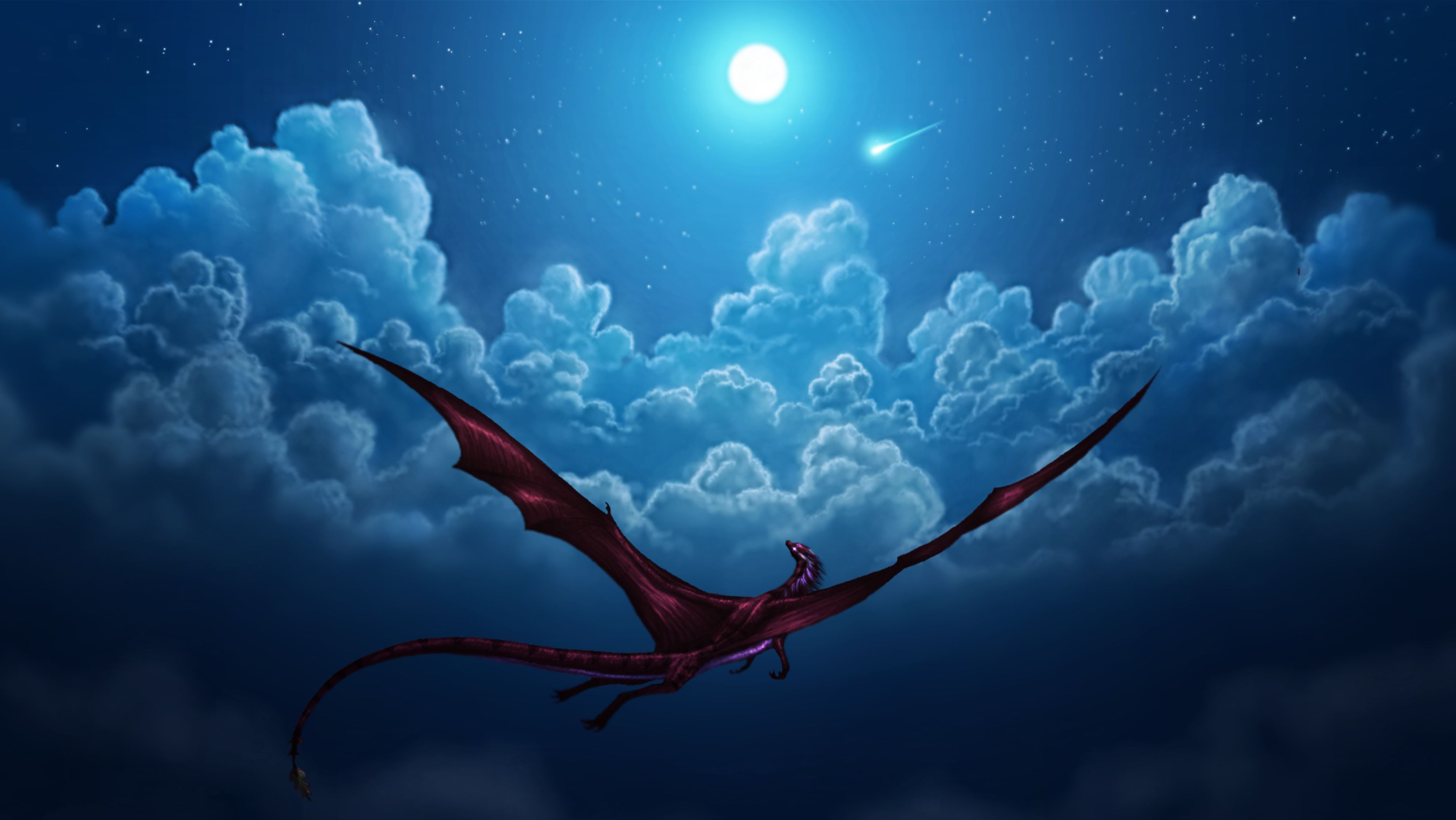 flight, fantasy, dragon, cloud, moon, night, sky 4K for PC