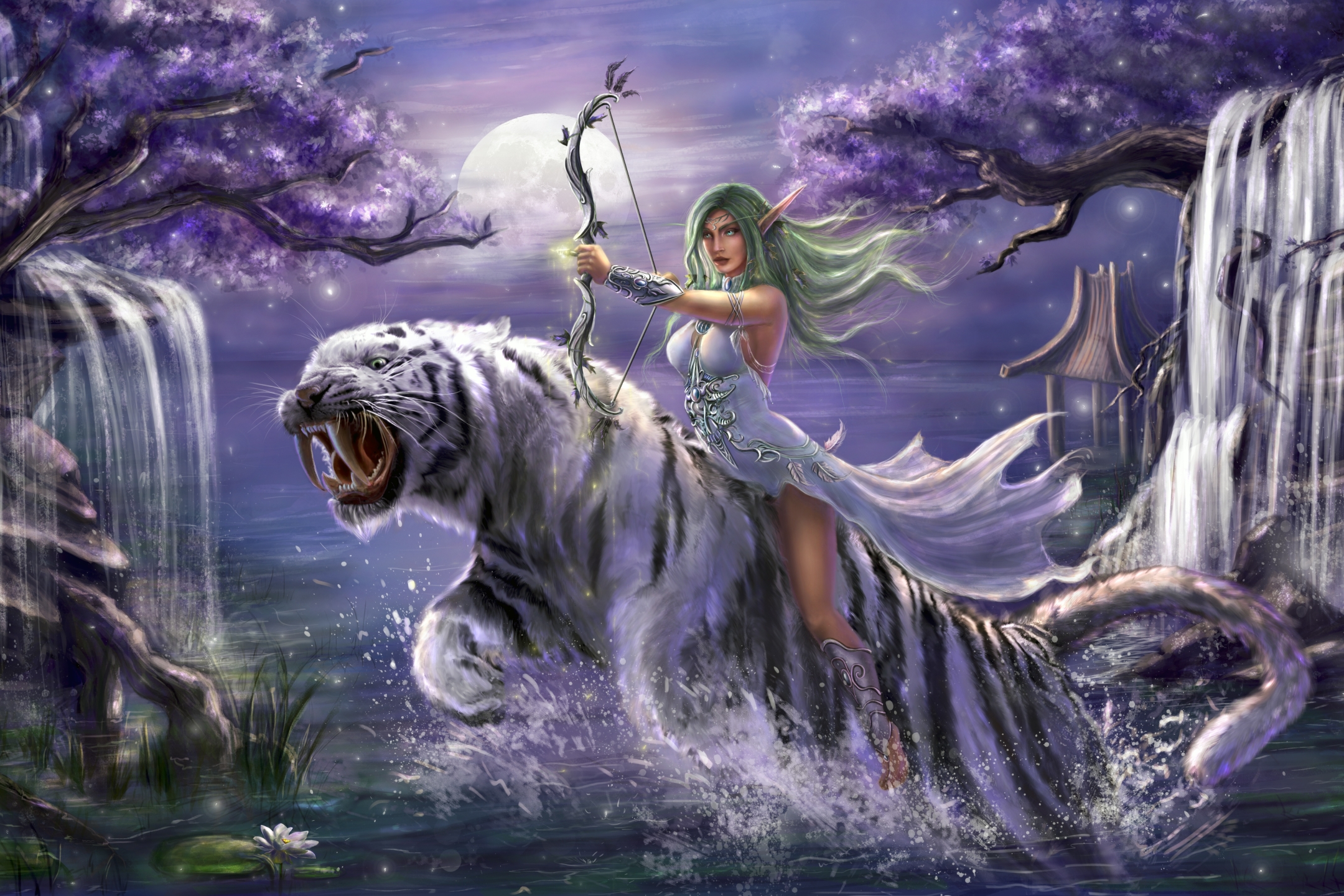 video game, world of warcraft, bow, white tiger, woman warrior, tyrande whisperwind, pointed ears, green hair, blue eyes, tiger, elf, warcraft