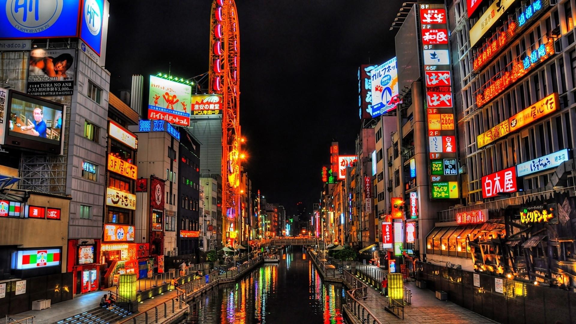 369863 descargar fondo de pantalla japón, hecho por el hombre, osaka, edificio, canal, ciudad, hdr, luz, noche, ciudades: protectores de pantalla e imágenes gratis