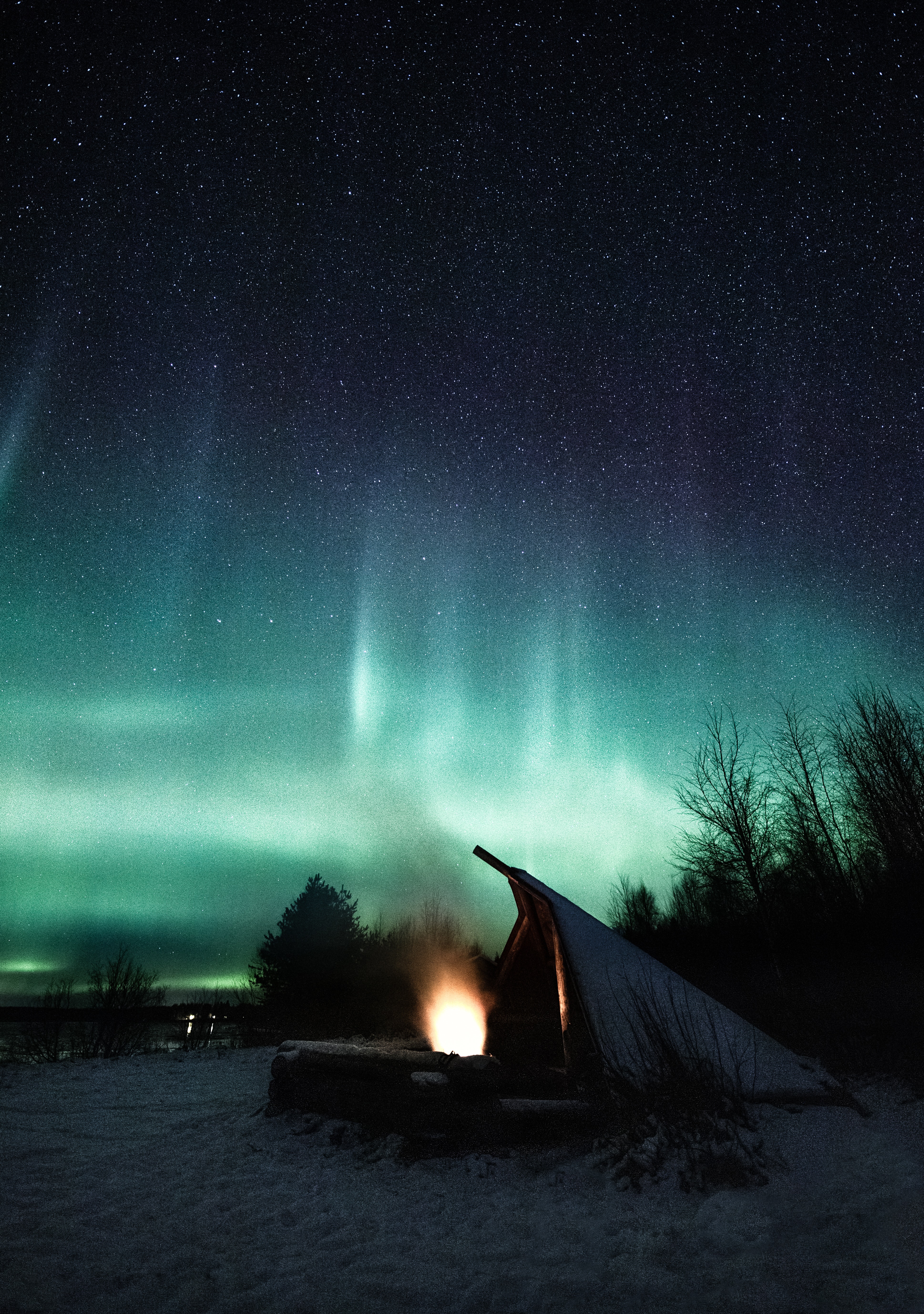 aurora borealis, northern lights, bonfire, dark, night, hut