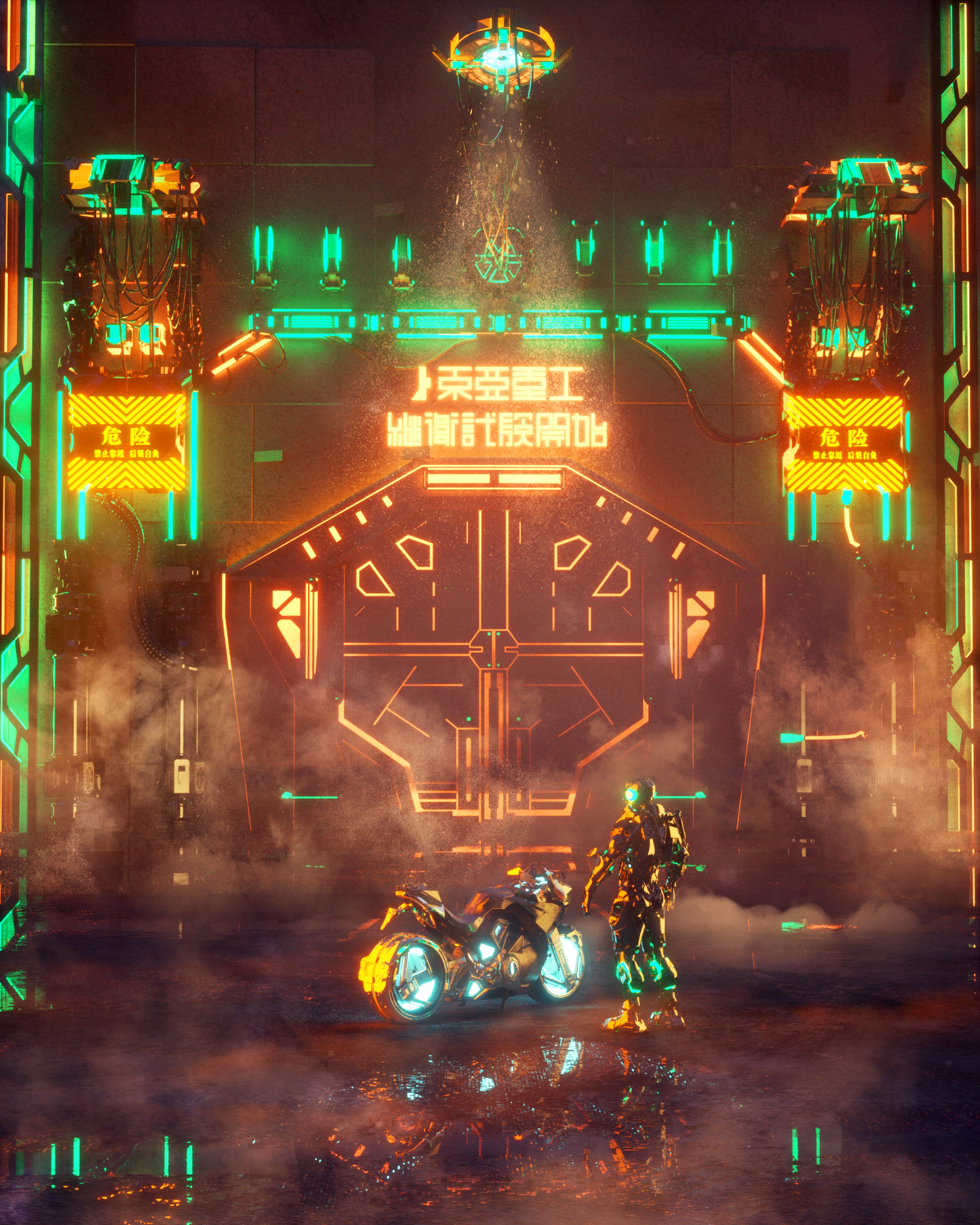 cyberpunk, motorcycle, bike, neon, 3d, night, cyborg