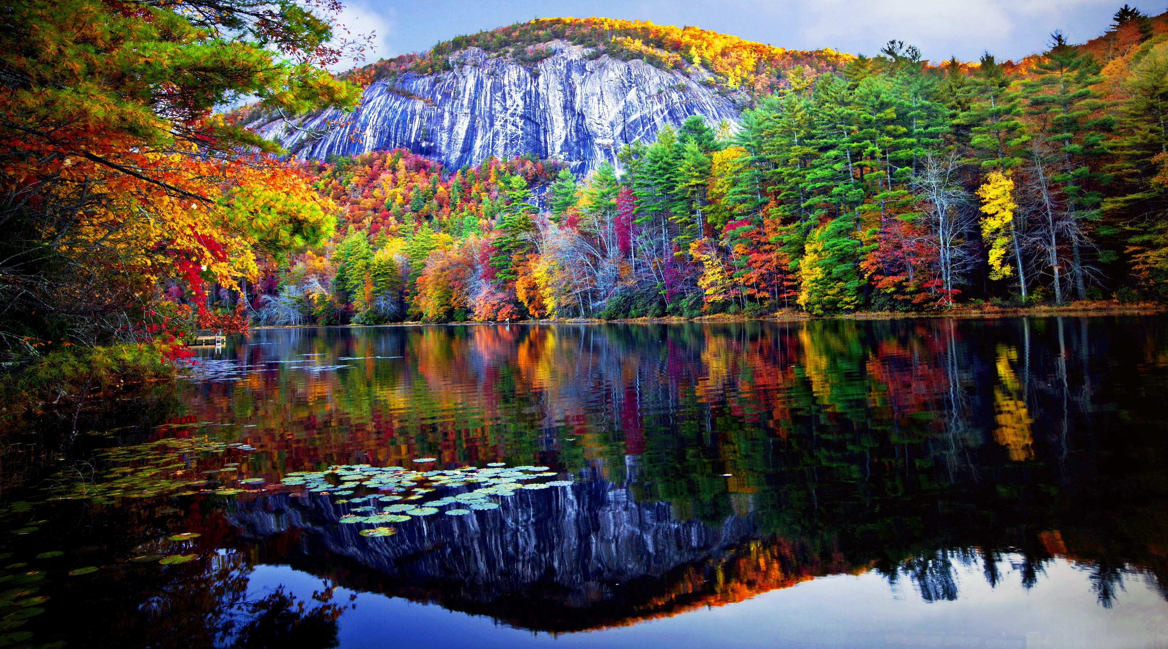 PCデスクトップに木, 秋, 湖, 山, 反射, 森, 地球画像を無料でダウンロード
