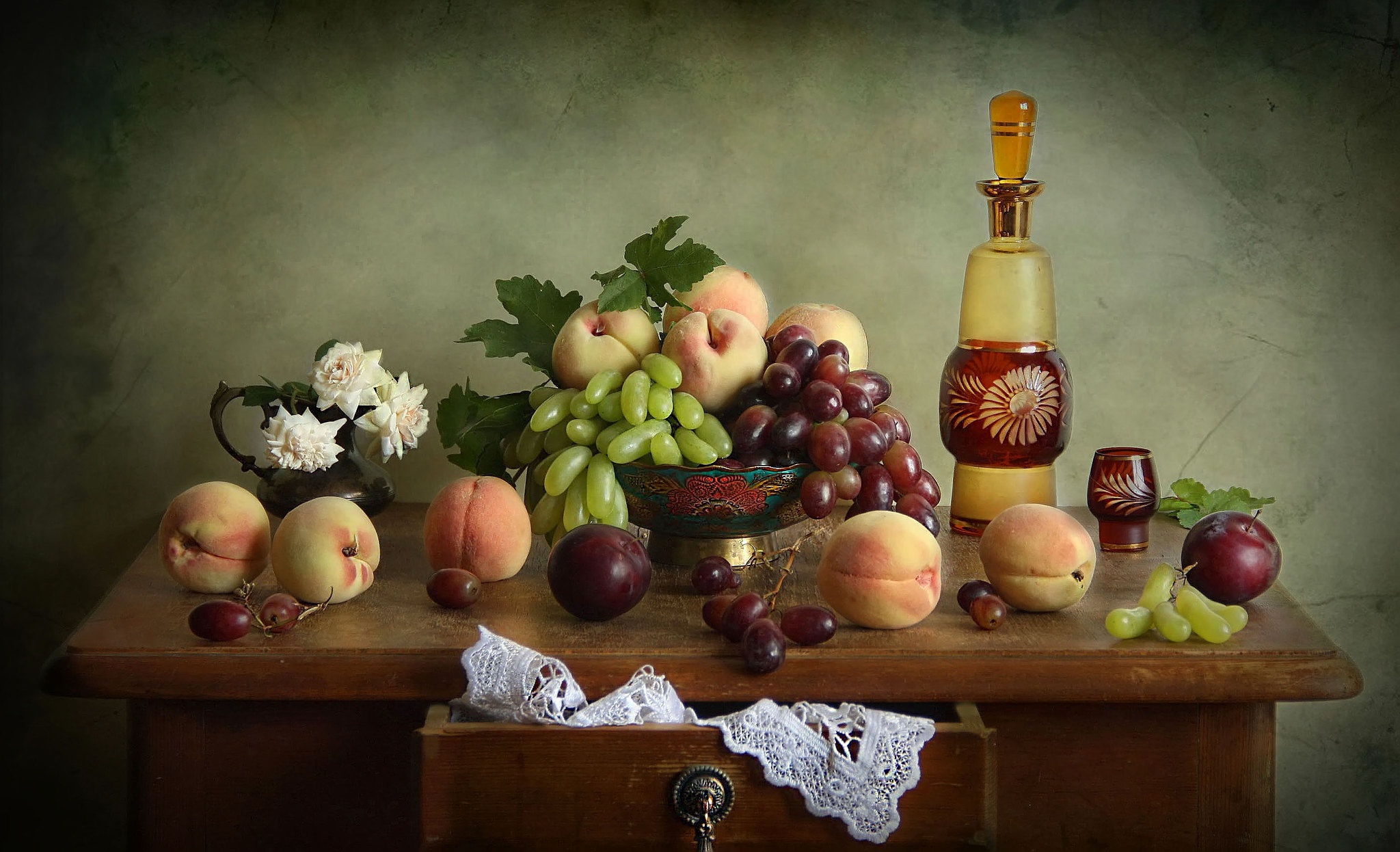 Download mobile wallpaper Food, Grapes, Still Life, Rose, Peach for free.