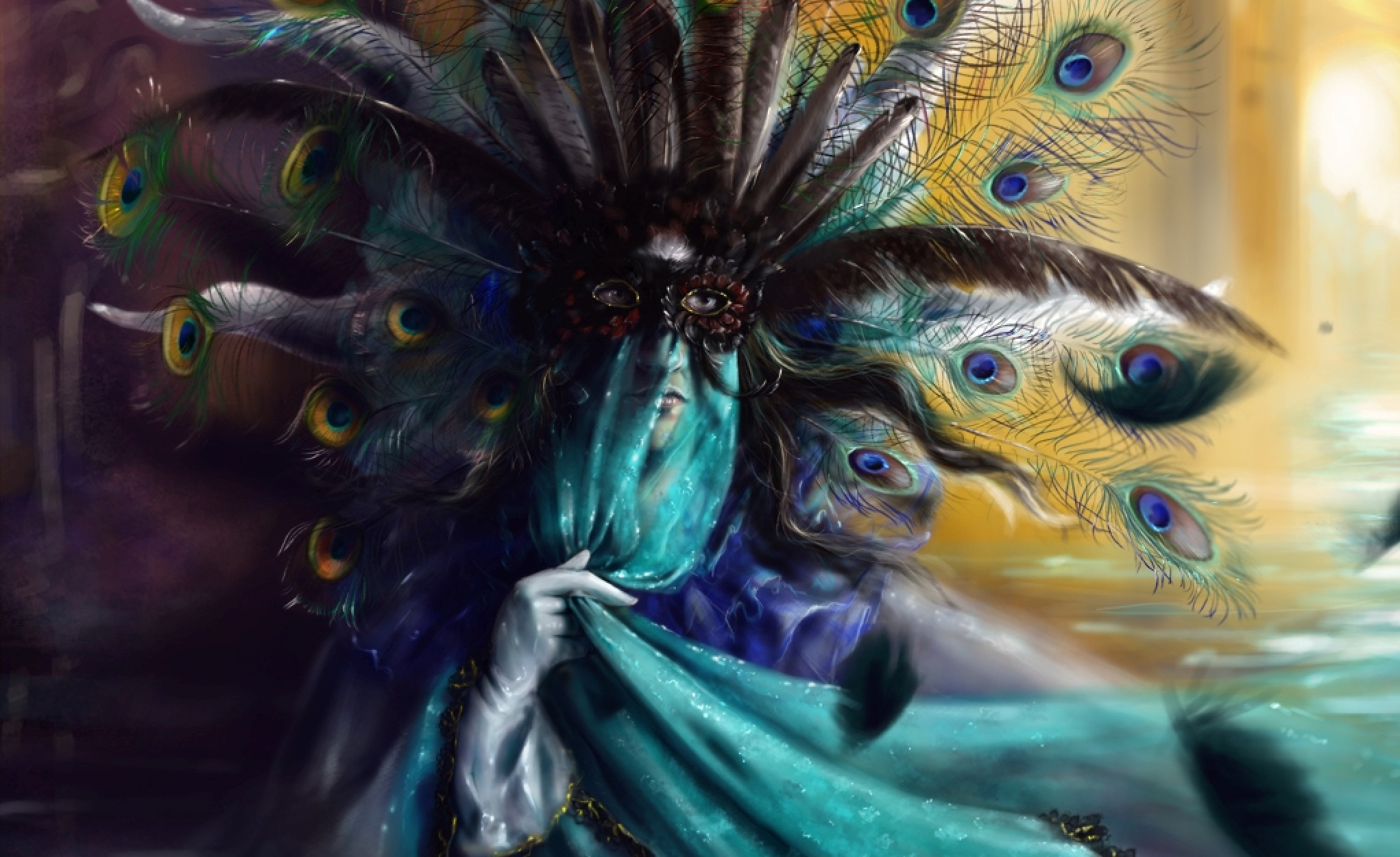 Free download wallpaper Fantasy, Feather, Mask, Women on your PC desktop