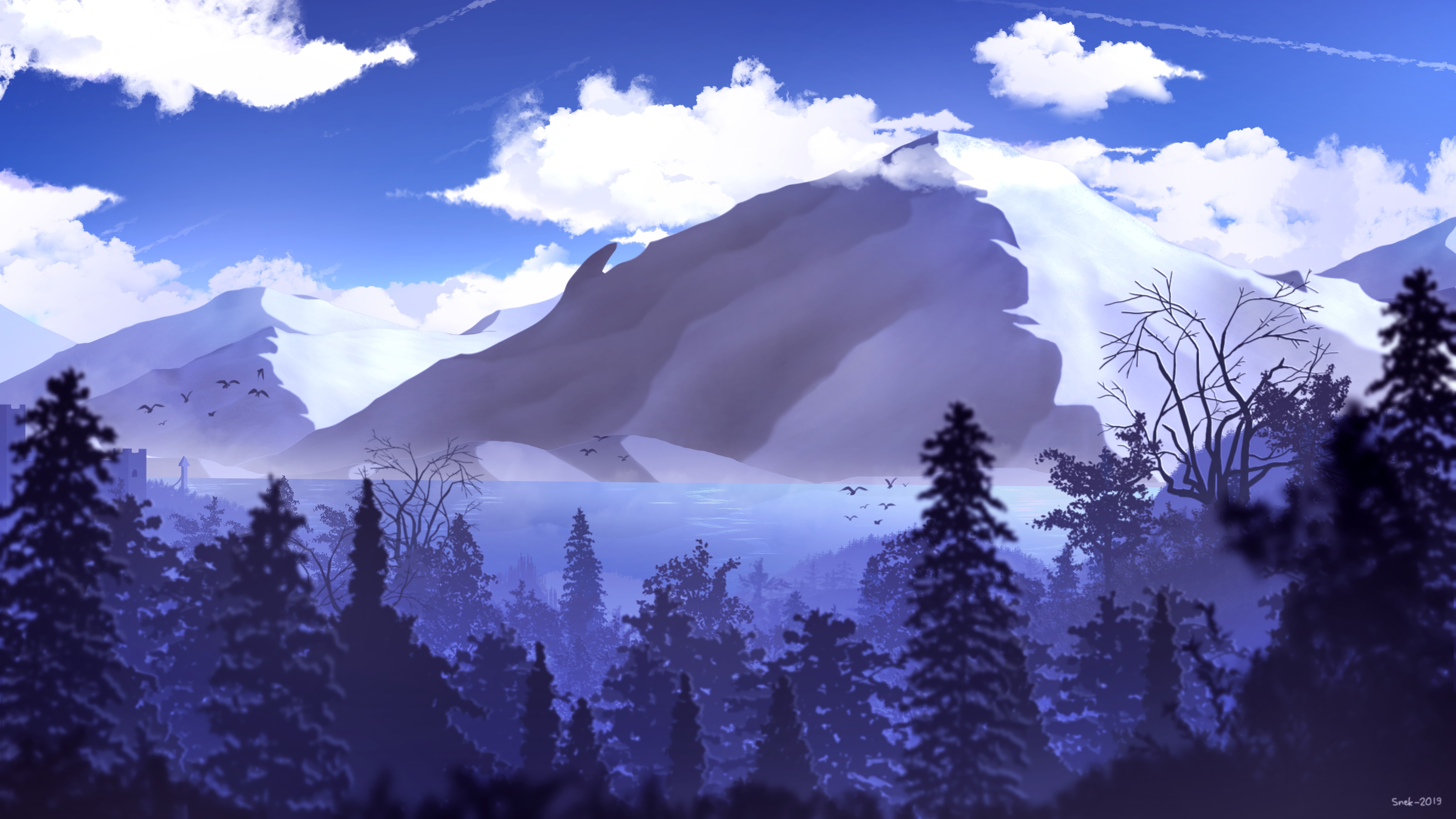 Free download wallpaper Trees, Mountains, Art, Lake, Landscape on your PC desktop