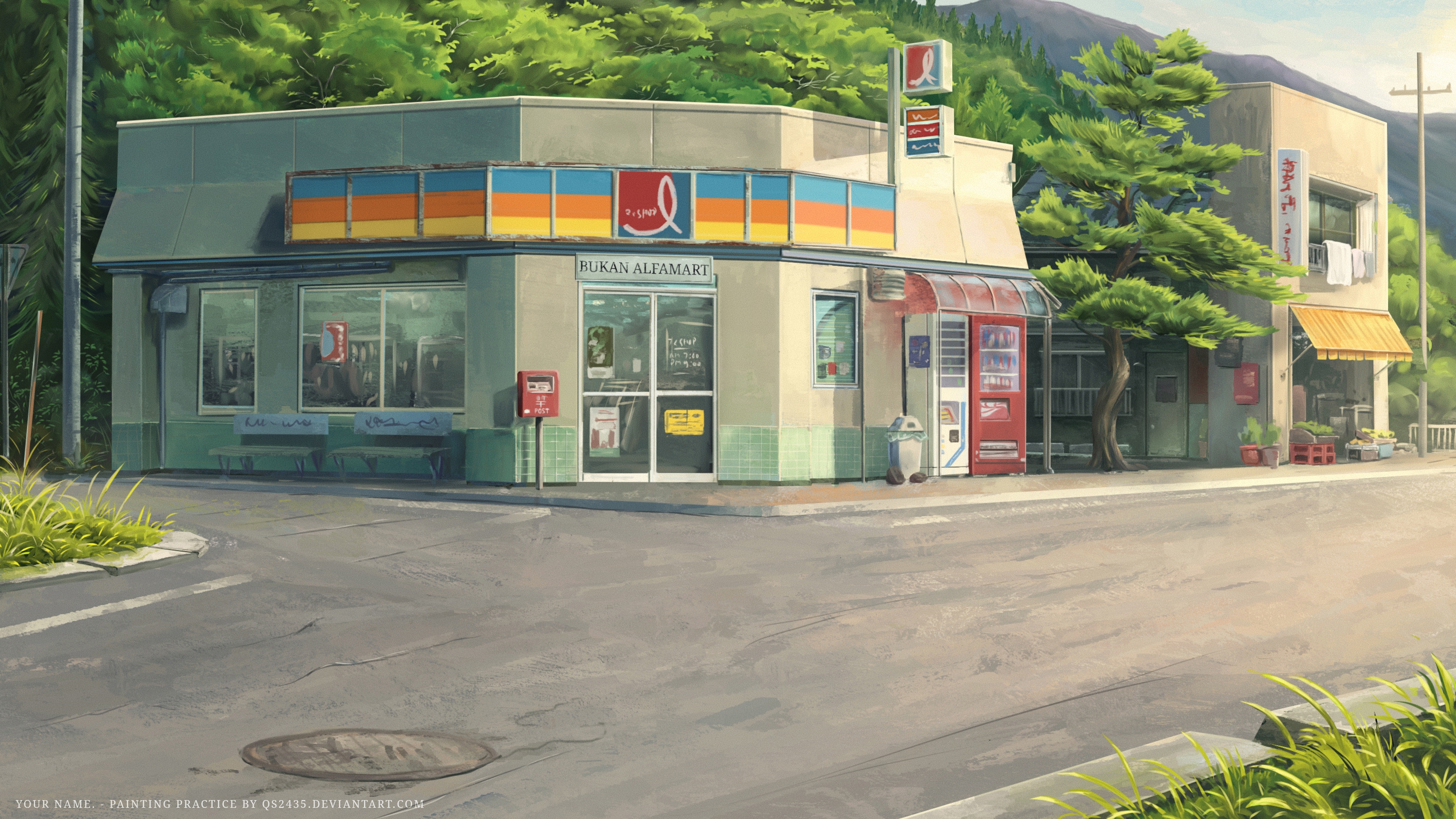 anime, your name, road, shop, street