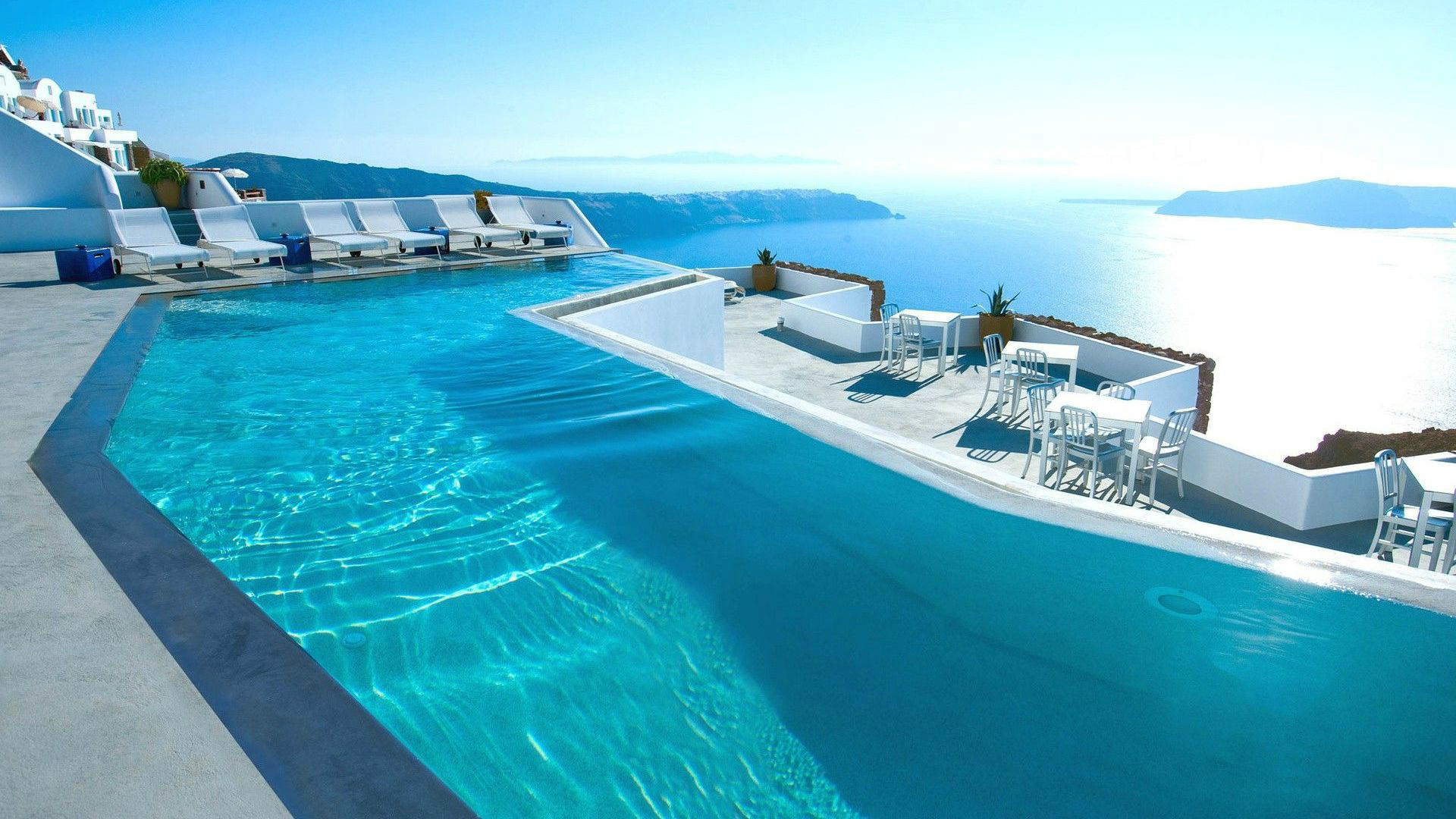 Handy-Wallpaper Ozean, Griechenland, Santorin, Menschengemacht, Schwimmbecken, Urlaubsort kostenlos herunterladen.
