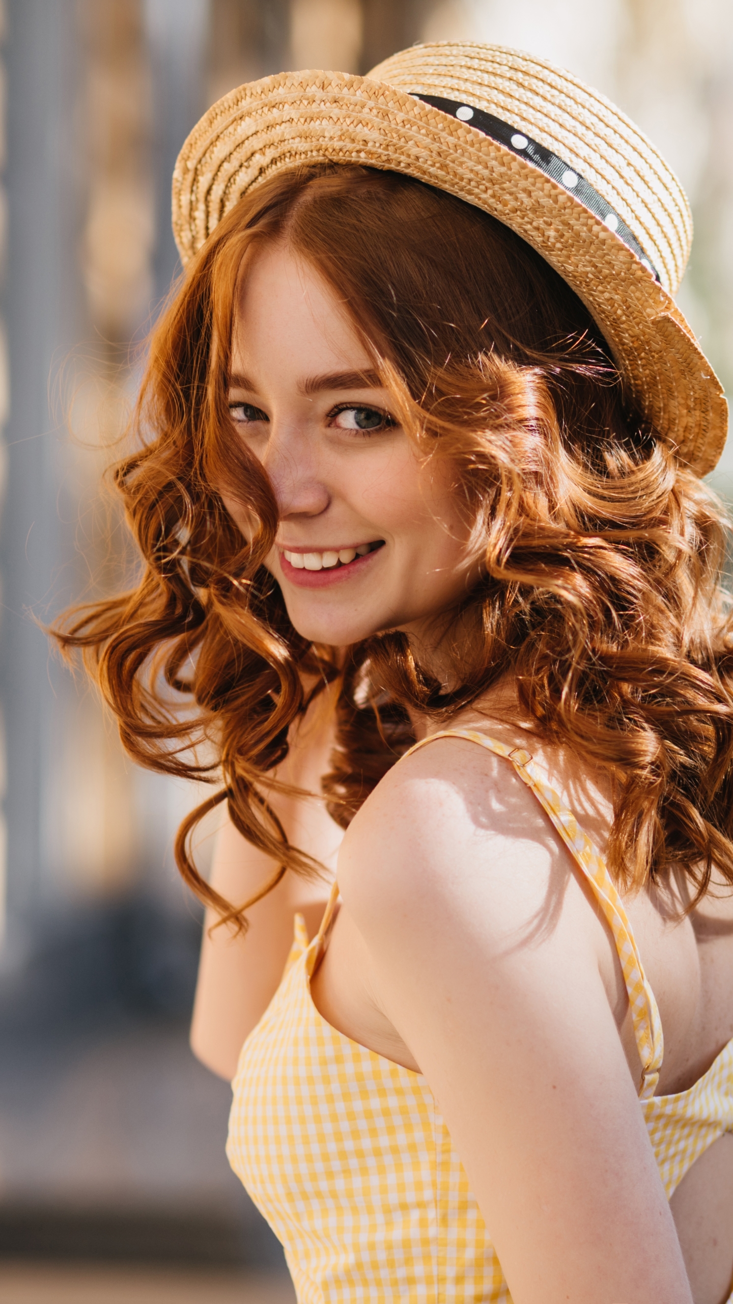 Download mobile wallpaper Smile, Redhead, Hat, Model, Women for free.