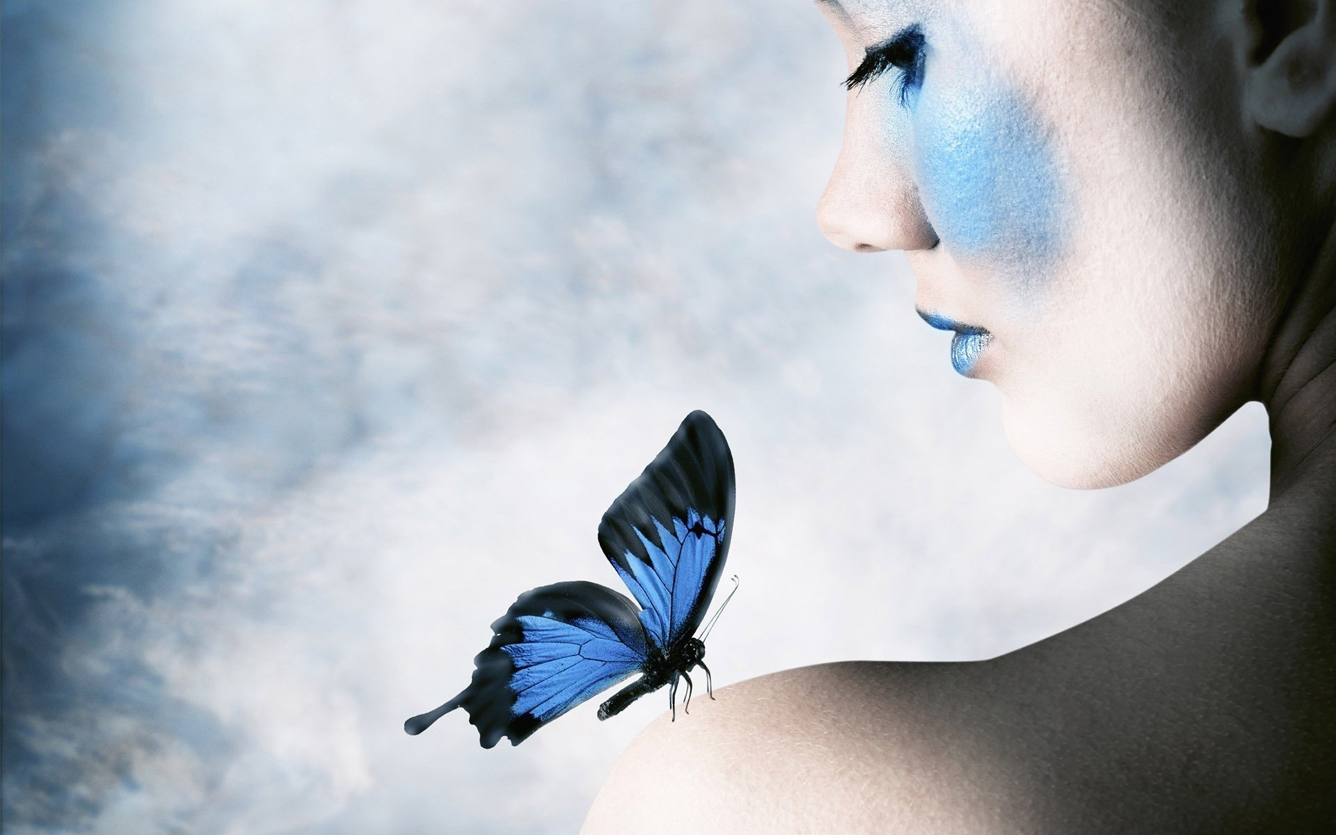 無料モバイル壁紙蝶, 青い, 芸術的, 女性, 化粧をダウンロードします。