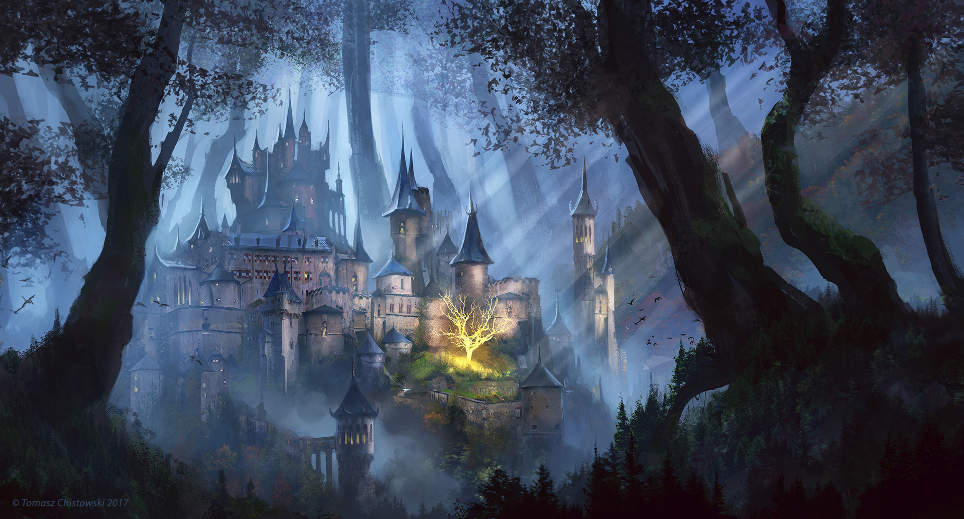 Download mobile wallpaper Fantasy, Castles, Forest, Tree, Sunbeam, Castle for free.