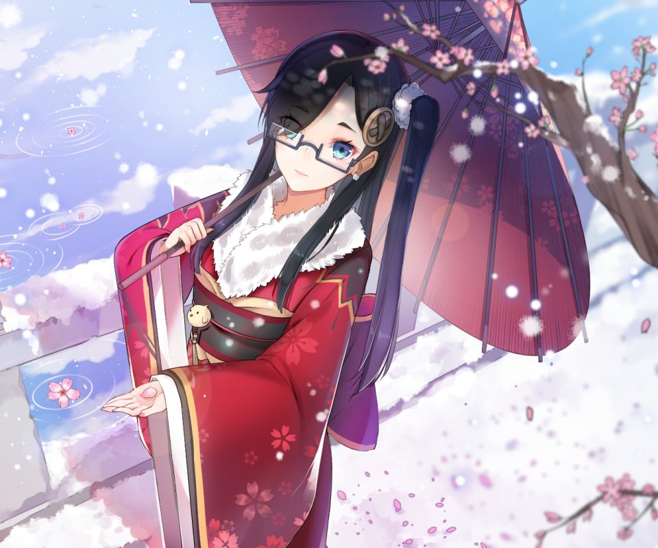 Download mobile wallpaper Anime, Winter, Snow, Umbrella, Kimono, Glasses, Oriental, Blossom, Geisha, Black Hair, Long Hair, Aqua Eyes for free.
