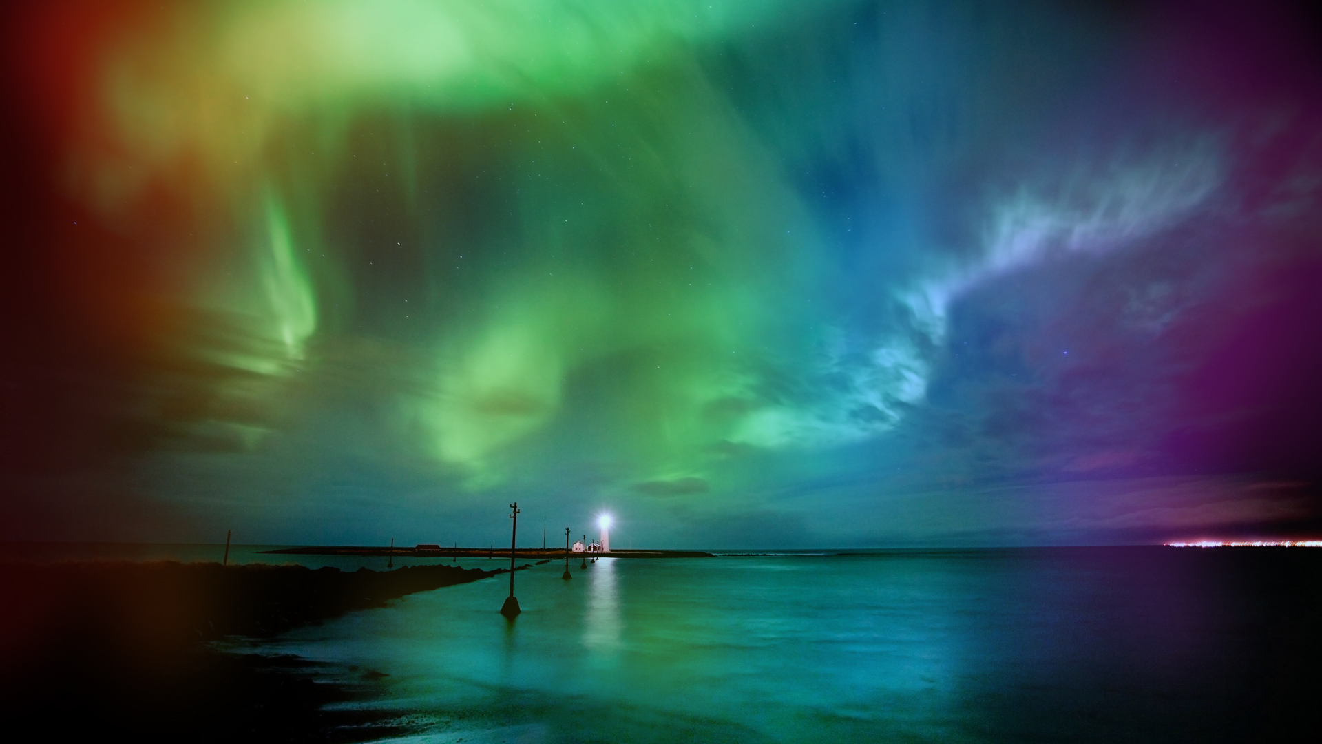 Download mobile wallpaper Sky, Light, Ocean, Earth, Lighthouse, Aurora Borealis for free.