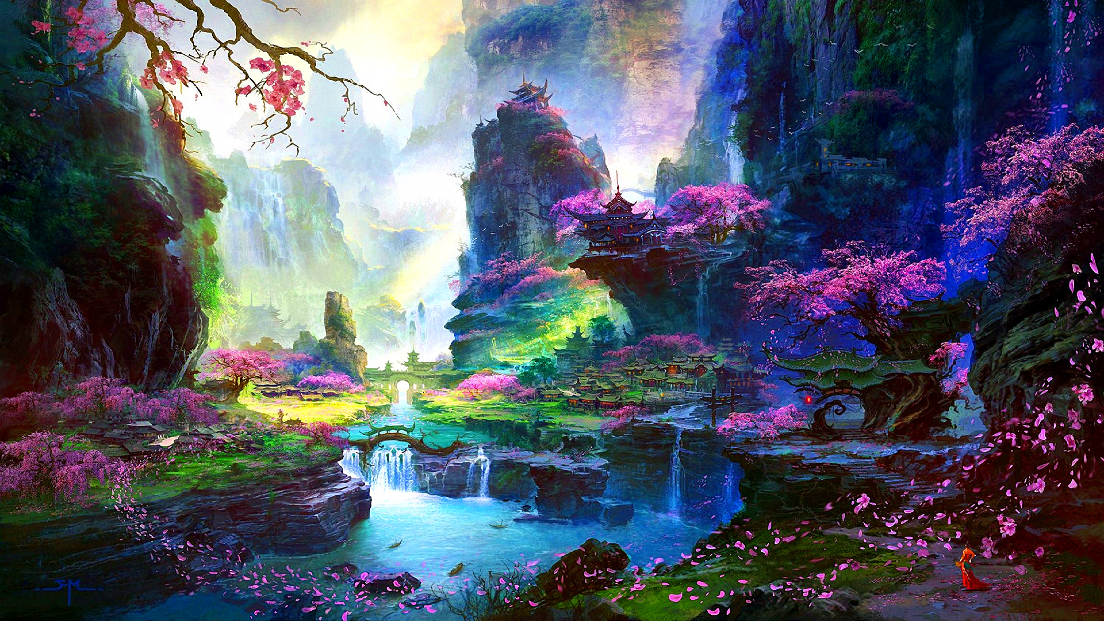 Laden Sie das Landschaft, Fantasie, Frühling, Orientalisch, Kirschblüte-Bild kostenlos auf Ihren PC-Desktop herunter