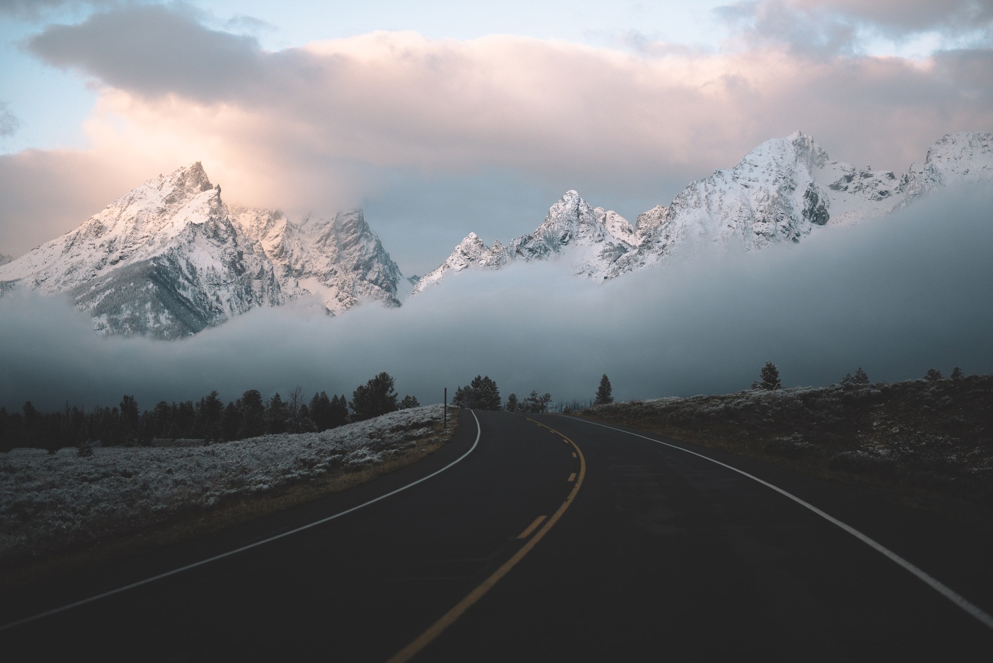 Free download wallpaper Nature, Mountain, Road, Fog, Man Made on your PC desktop