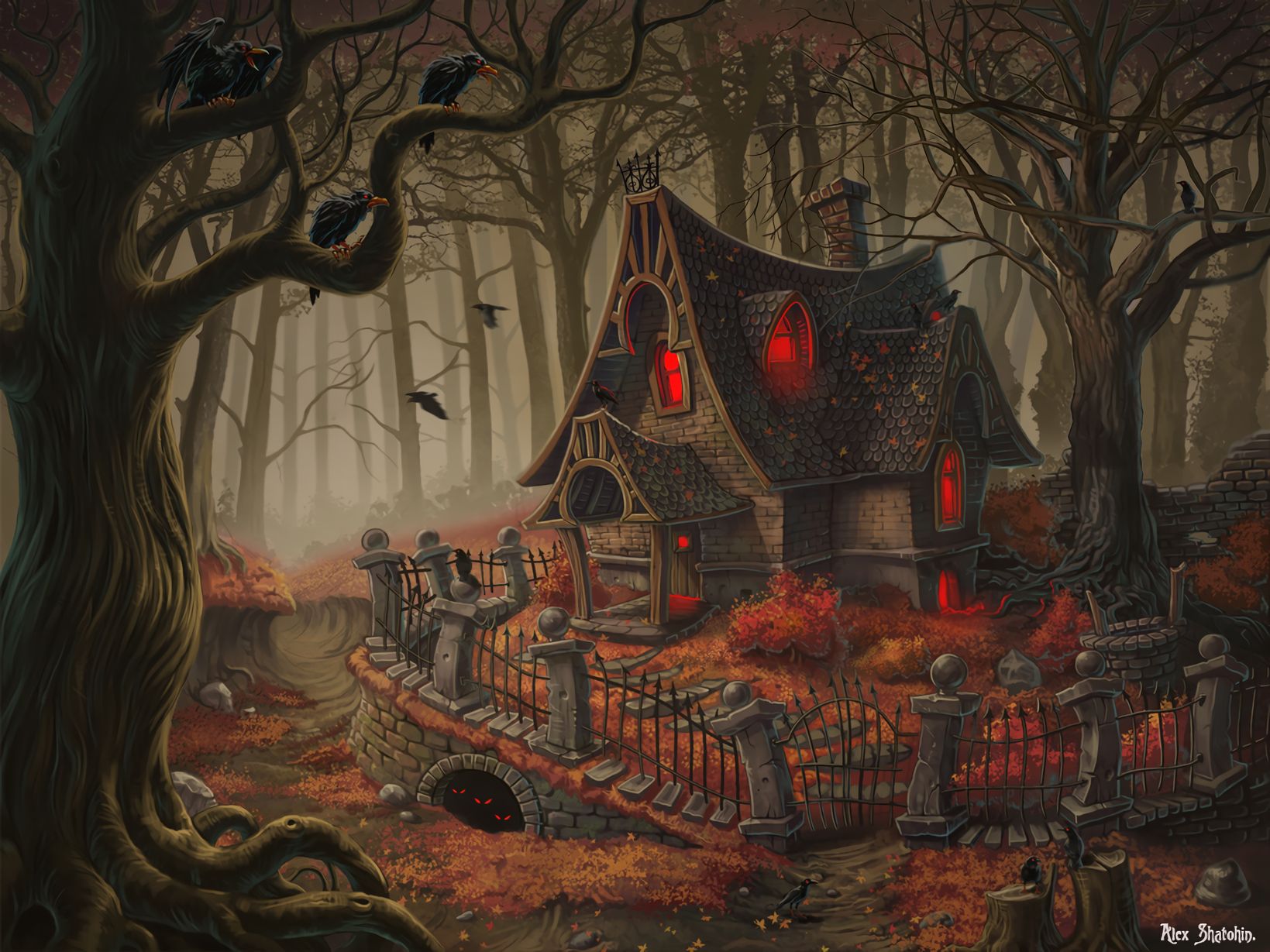 749048 скачать картинку хэллоуин, дом, праздничные, фантастика, ограда, лес, дом с привидениями - обои и заставки бесплатно