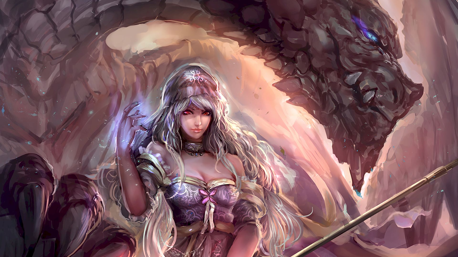 Download mobile wallpaper Magic, Fantasy, Dragon, Necklace, Sorcerer, Red Eyes, Long Hair, White Hair for free.