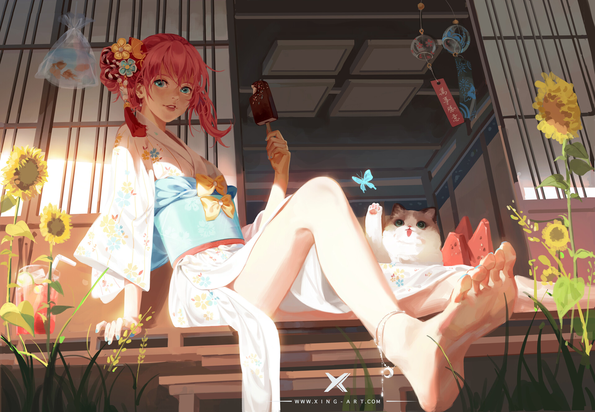 Download mobile wallpaper Anime, Ice Cream, Cat, Butterfly, Girl, Feet for free.