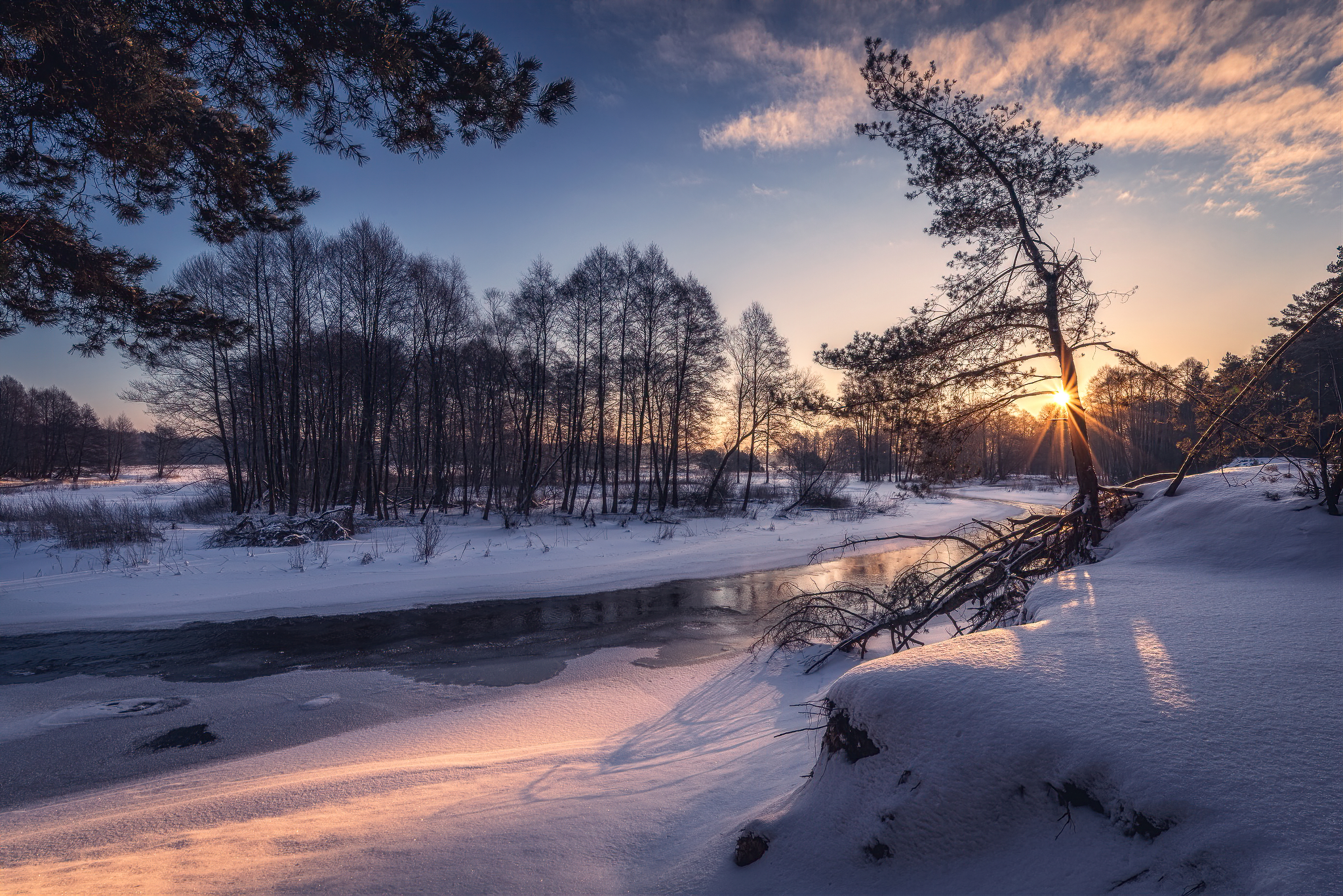 Free download wallpaper Winter, Sunset, Tree, Earth, River, Outdoor on your PC desktop
