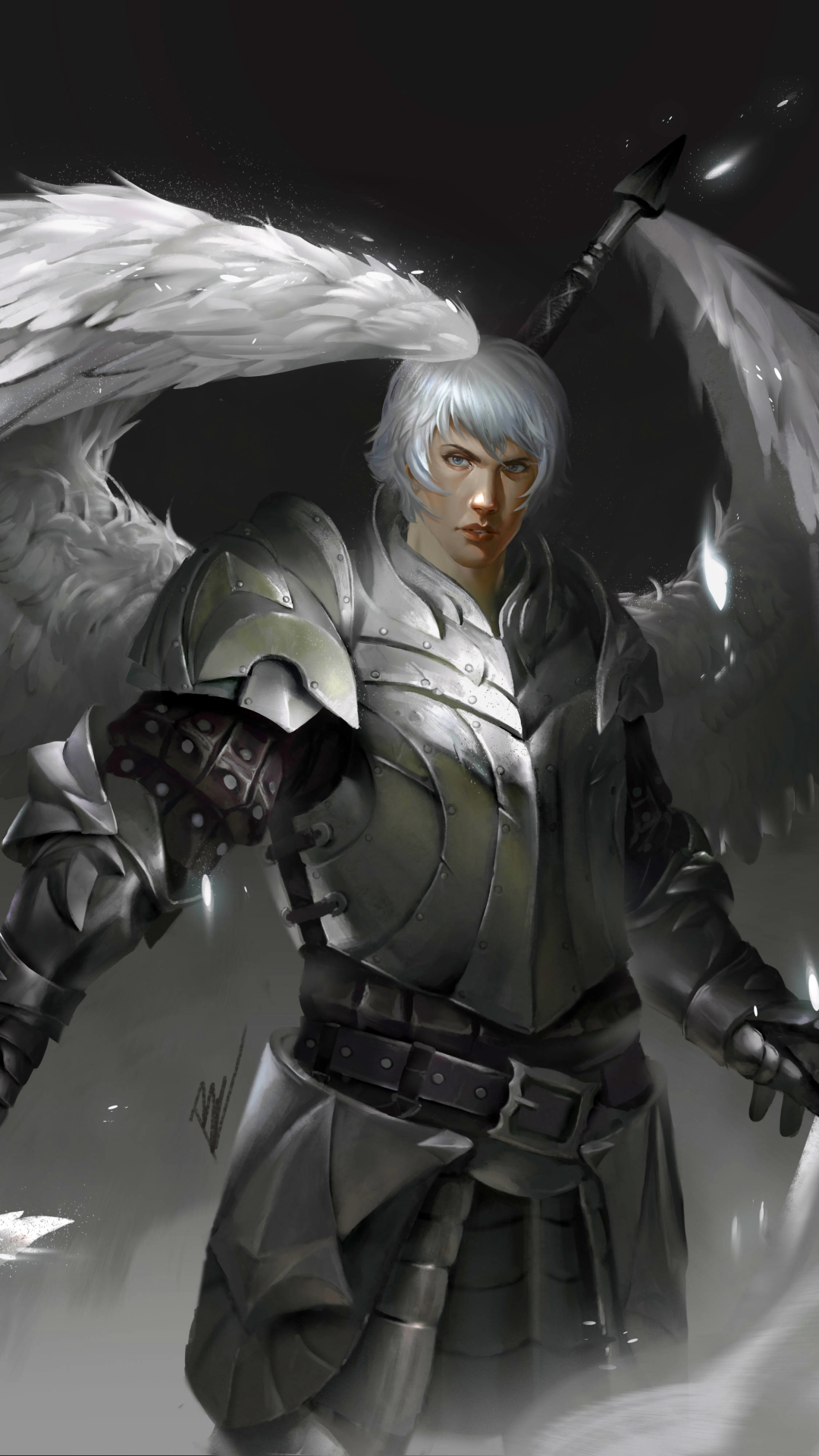 無料モバイル壁紙ファンタジー, 翼, 白髪, 鎧, 天使の戦士をダウンロードします。