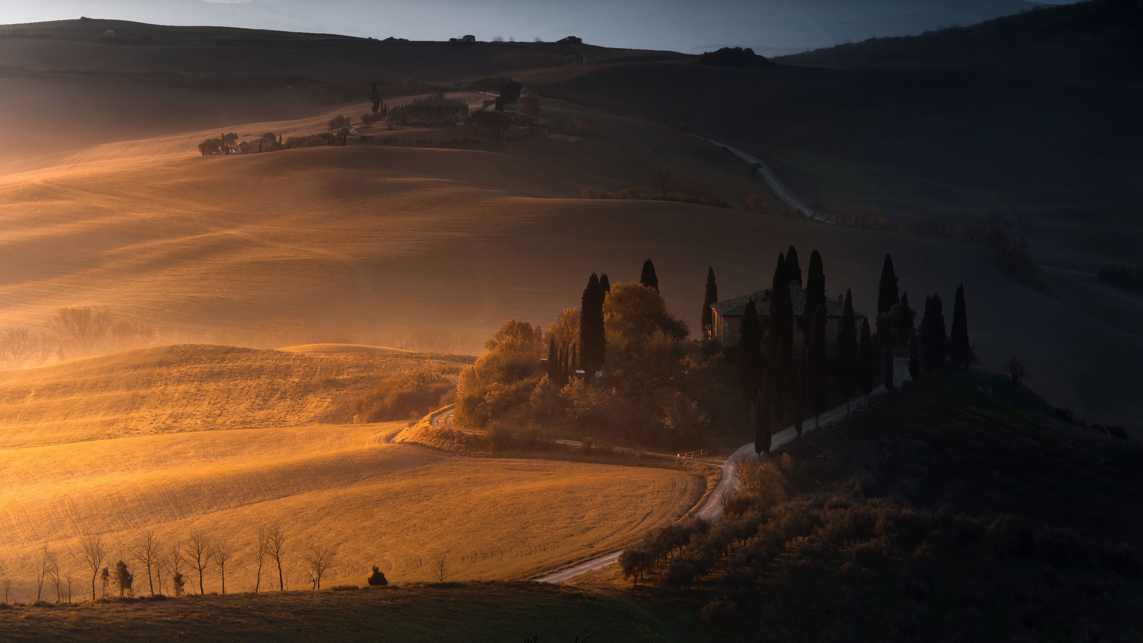 Download mobile wallpaper Dawn, Italy, Road, House, Field, Hill, Photography, Tuscany for free.