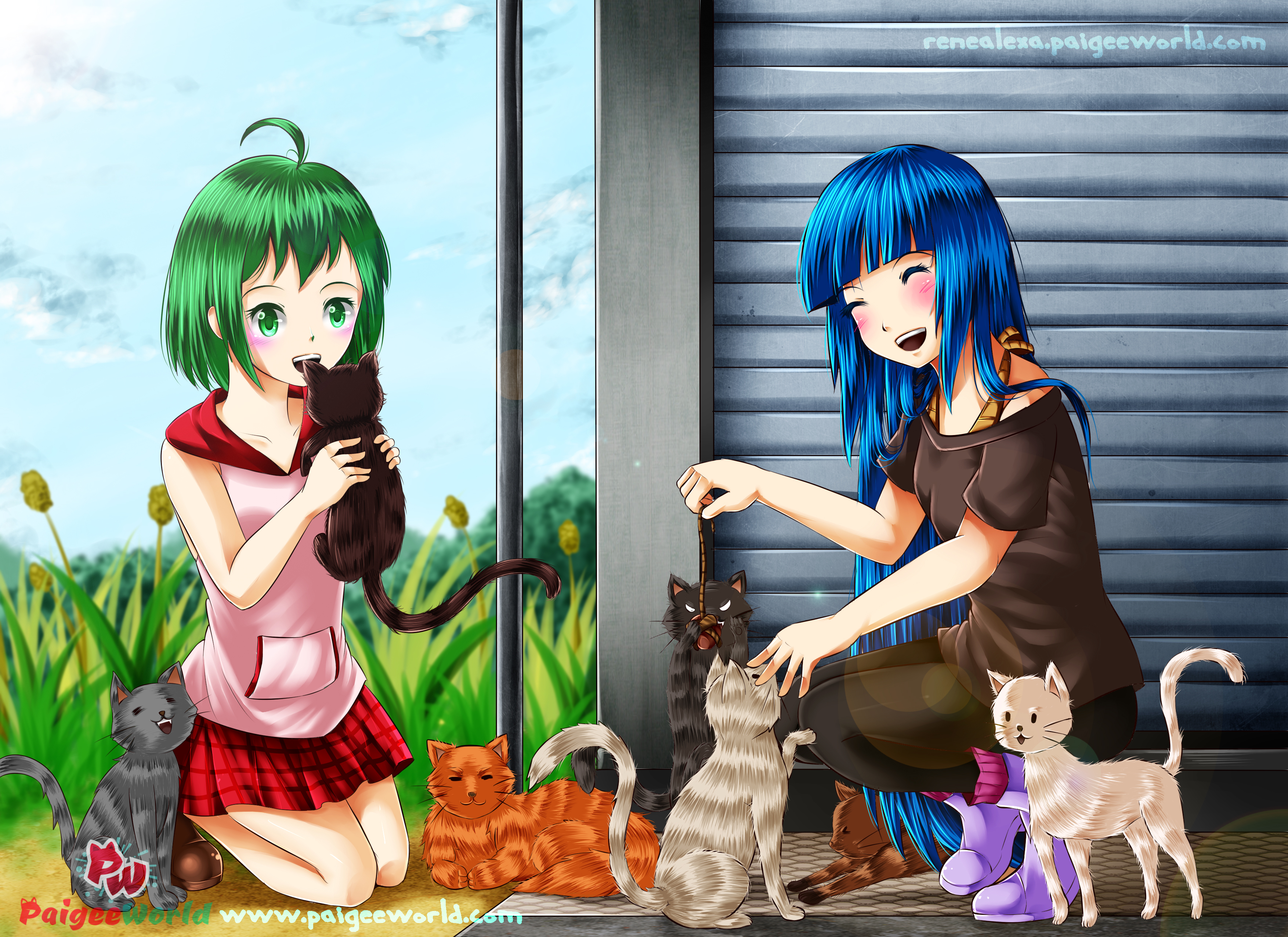 PCデスクトップにネコ, 緑髪, 緑の目, 青い髪, アニメ, オリジナル画像を無料でダウンロード