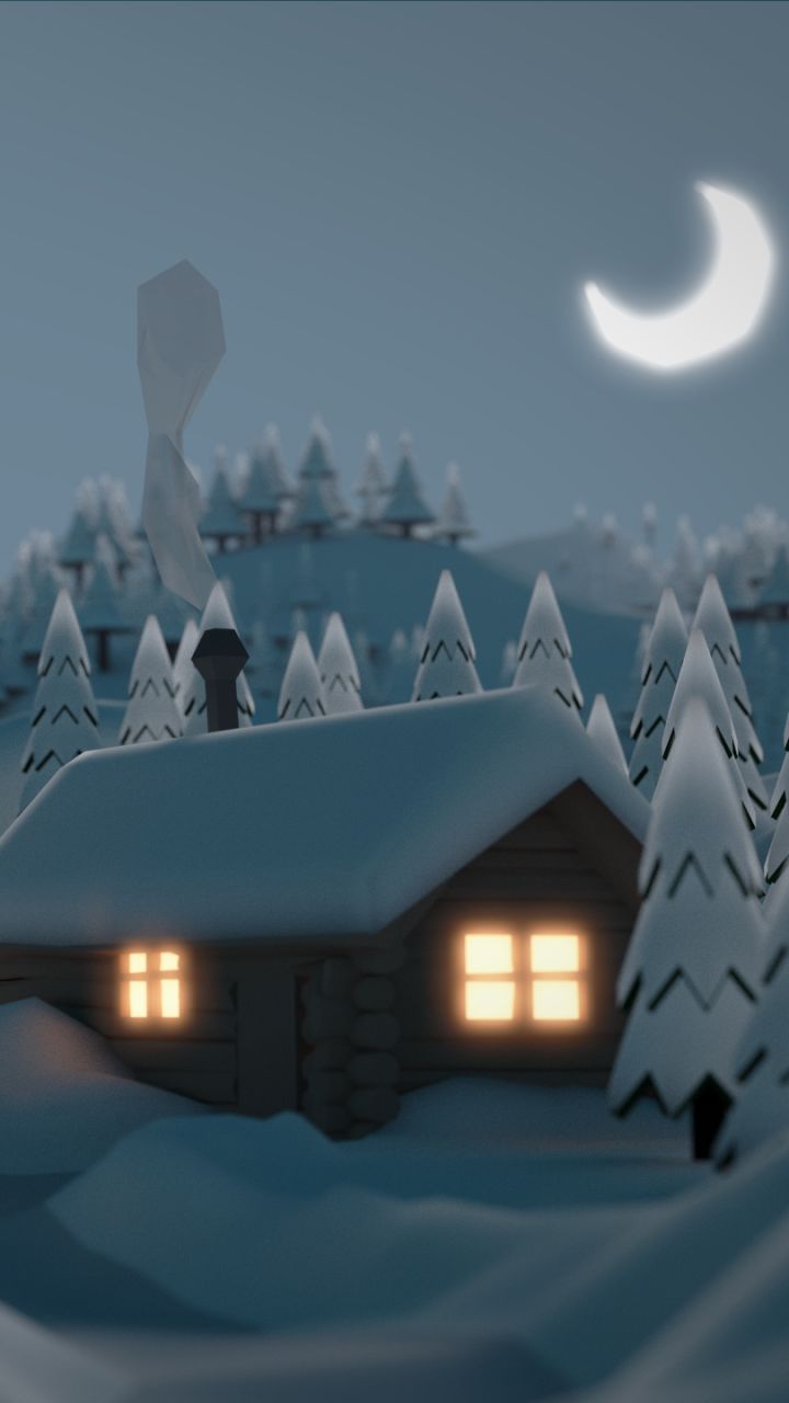 Download mobile wallpaper Winter, Moon, Snow, Forest, Tree, Christmas Tree, Artistic, Cabin for free.