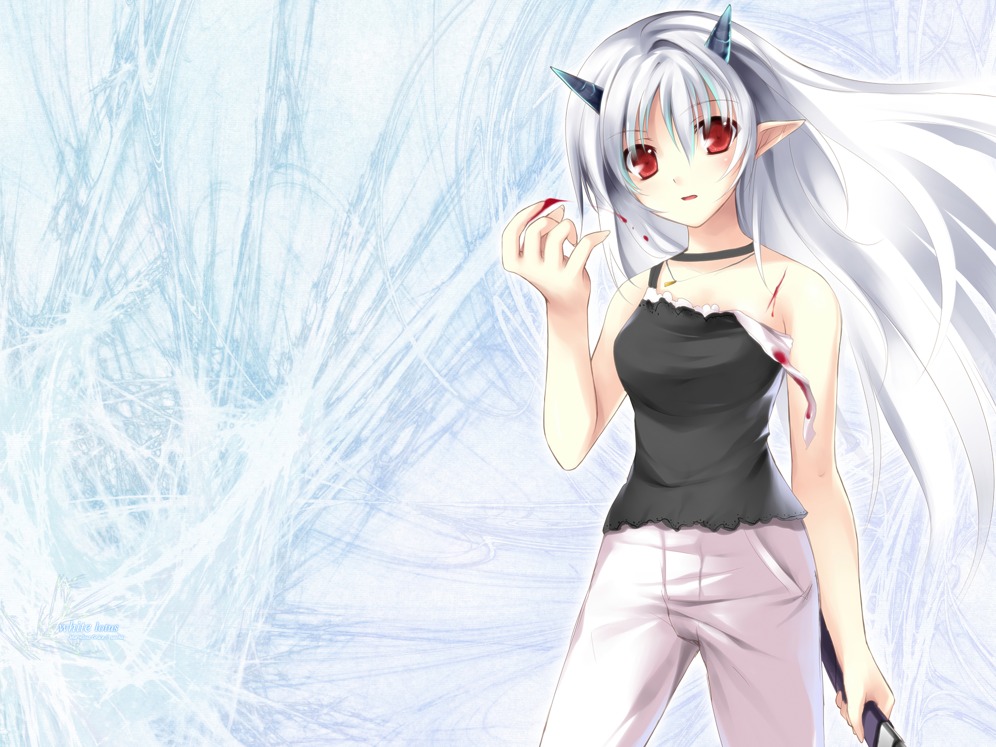 Free download wallpaper Anime, Horns, Sword, Original, Red Eyes, Long Hair, White Hair on your PC desktop