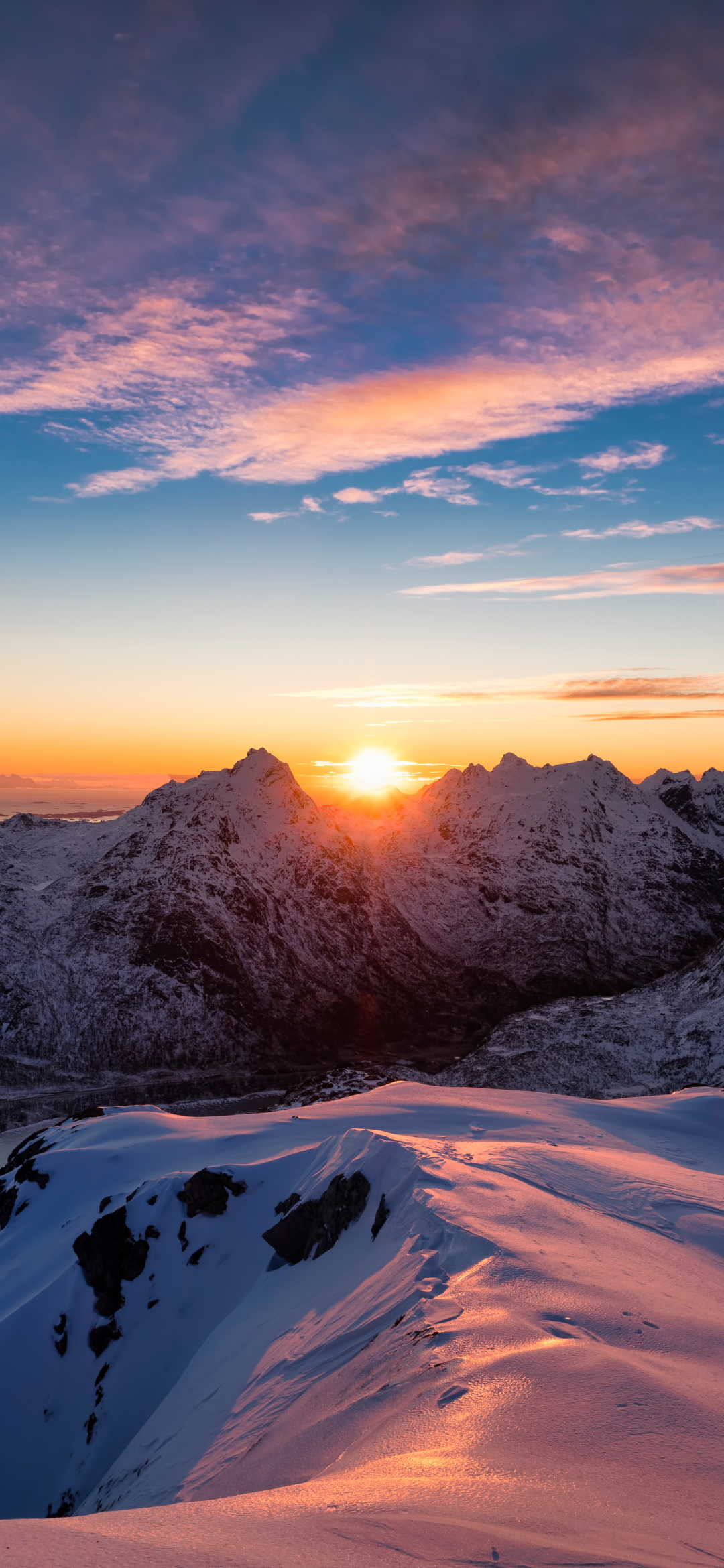 Download mobile wallpaper Landscape, Nature, Snow, Mountain, Sunrise, Earth, Norway for free.