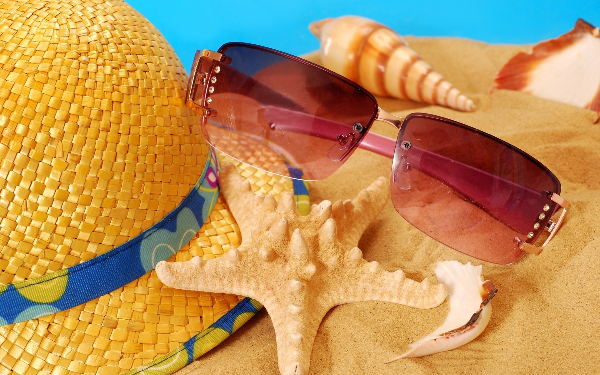 Laden Sie das Sommer, Hut, Fotografie, Sonnenbrille, Seestern, Stillleben-Bild kostenlos auf Ihren PC-Desktop herunter
