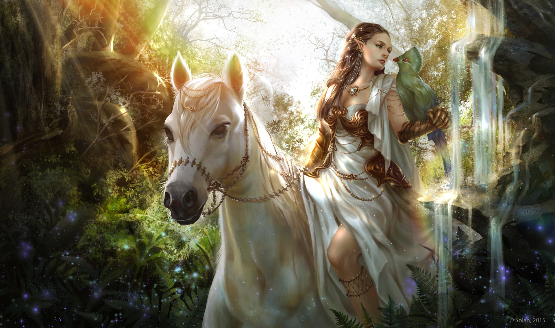 Download mobile wallpaper Fantasy, Bird, Waterfall, Horse, Elf, Women, Pointed Ears for free.