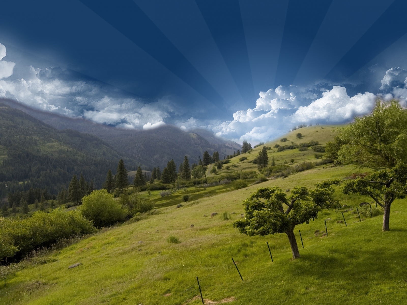Free download wallpaper Landscape, Trees, Grass, Sky, Mountains, Clouds on your PC desktop