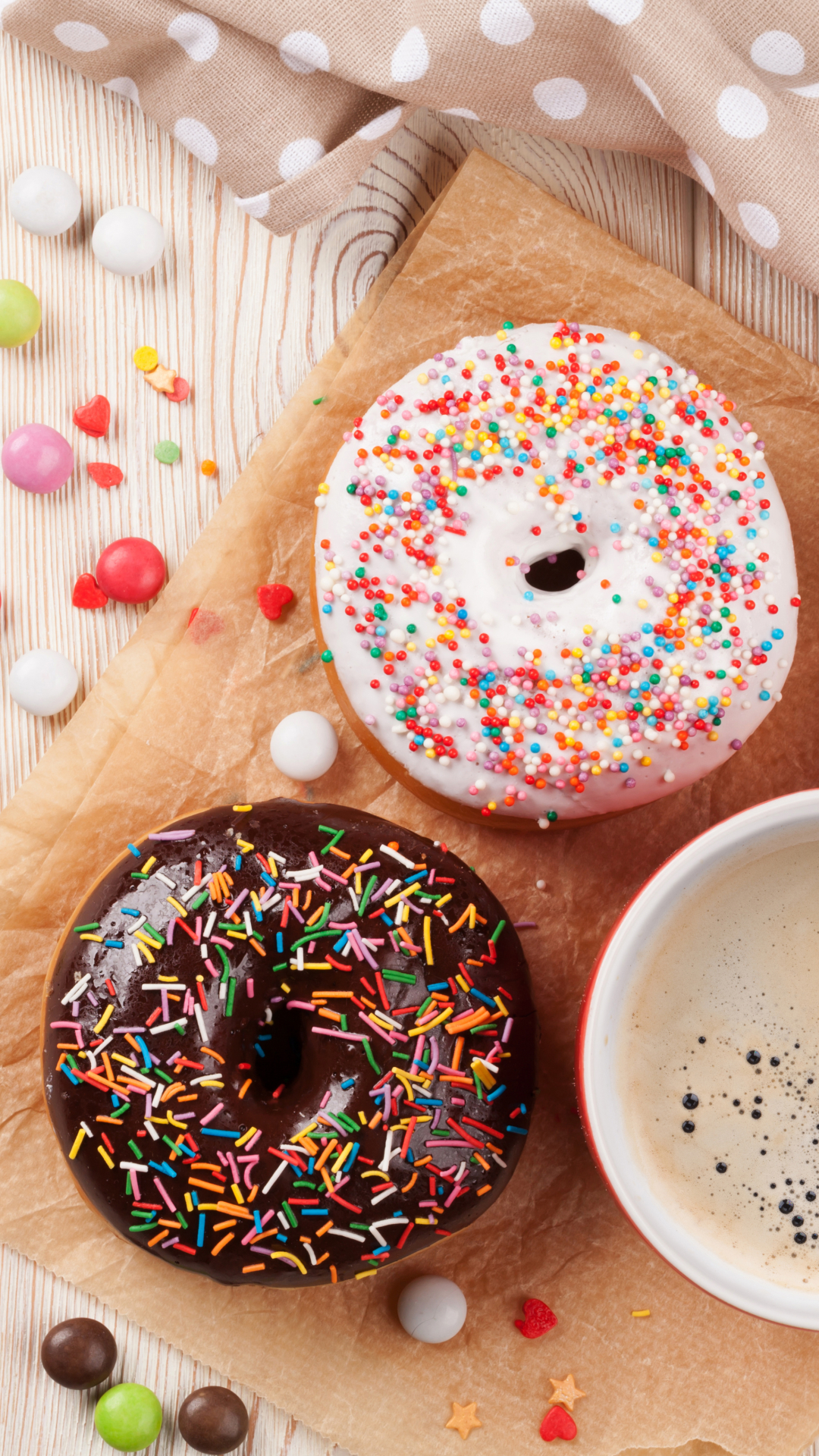 Download mobile wallpaper Food, Coffee, Still Life, Colors, Sweets, Doughnut, Candy for free.