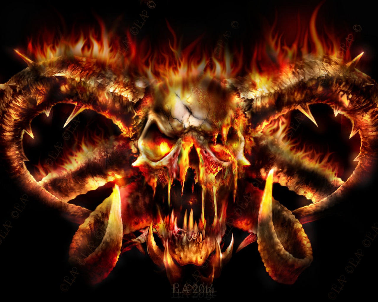 skull, devil, fire, dark, horns