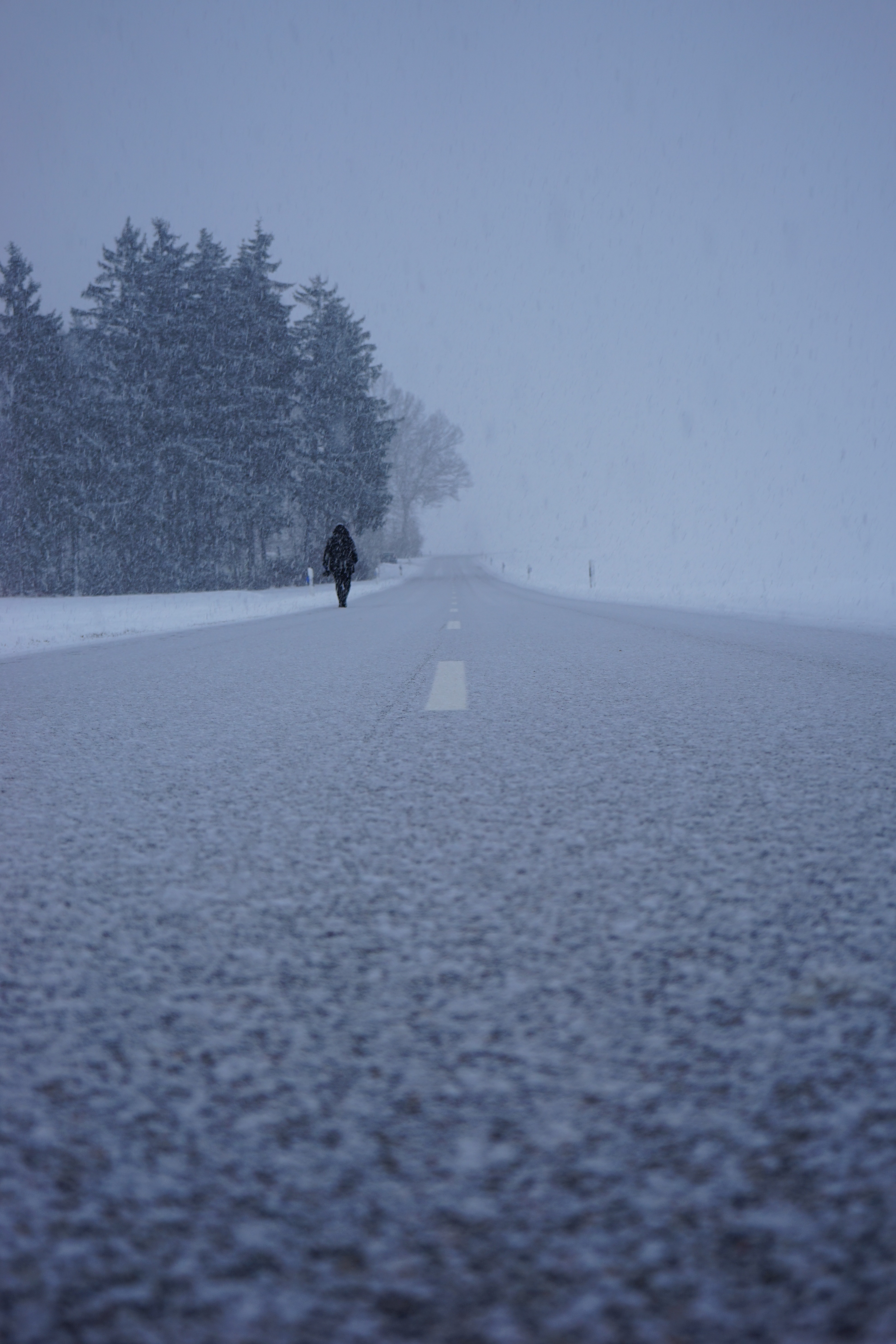 Free download wallpaper Silhouette, Road, Snowfall, Nature, Fog, Snowstorm, Winter on your PC desktop