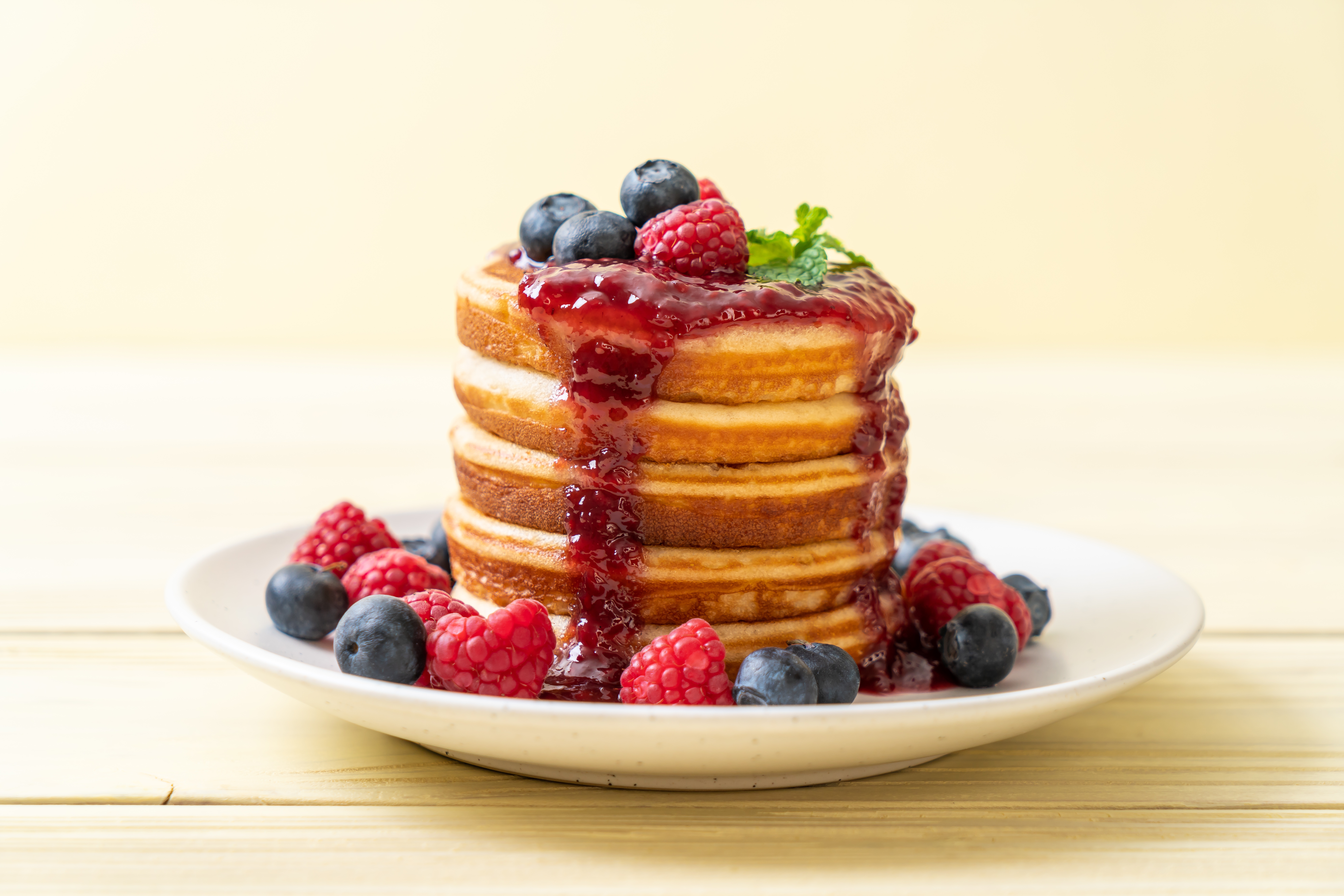Download mobile wallpaper Food, Blueberry, Raspberry, Berry, Fruit, Breakfast, Pancake for free.