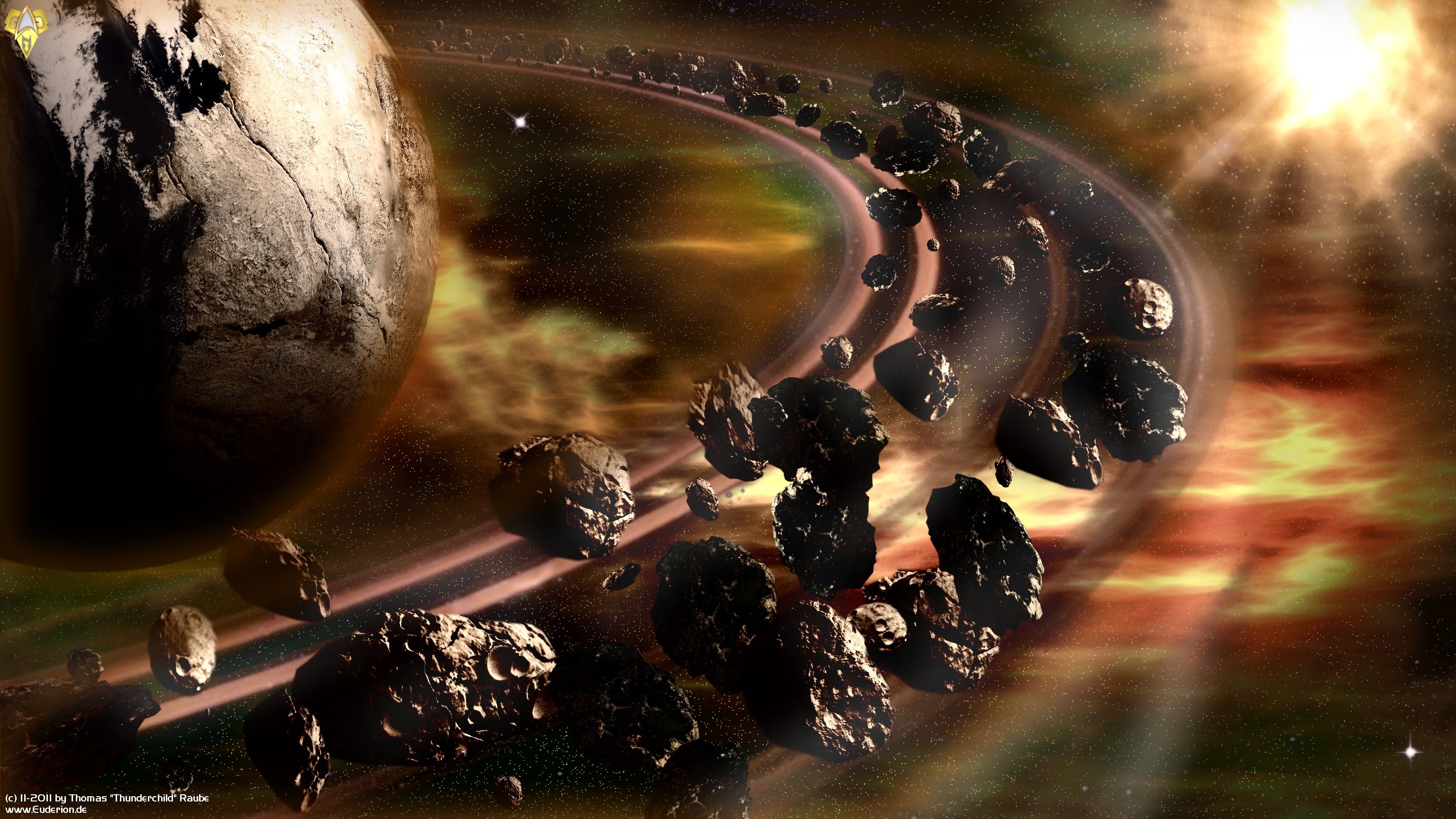 237042 Hintergrundbild herunterladen science fiction, planetenring, asteroid, planet, weltraum, stern - Bildschirmschoner und Bilder kostenlos