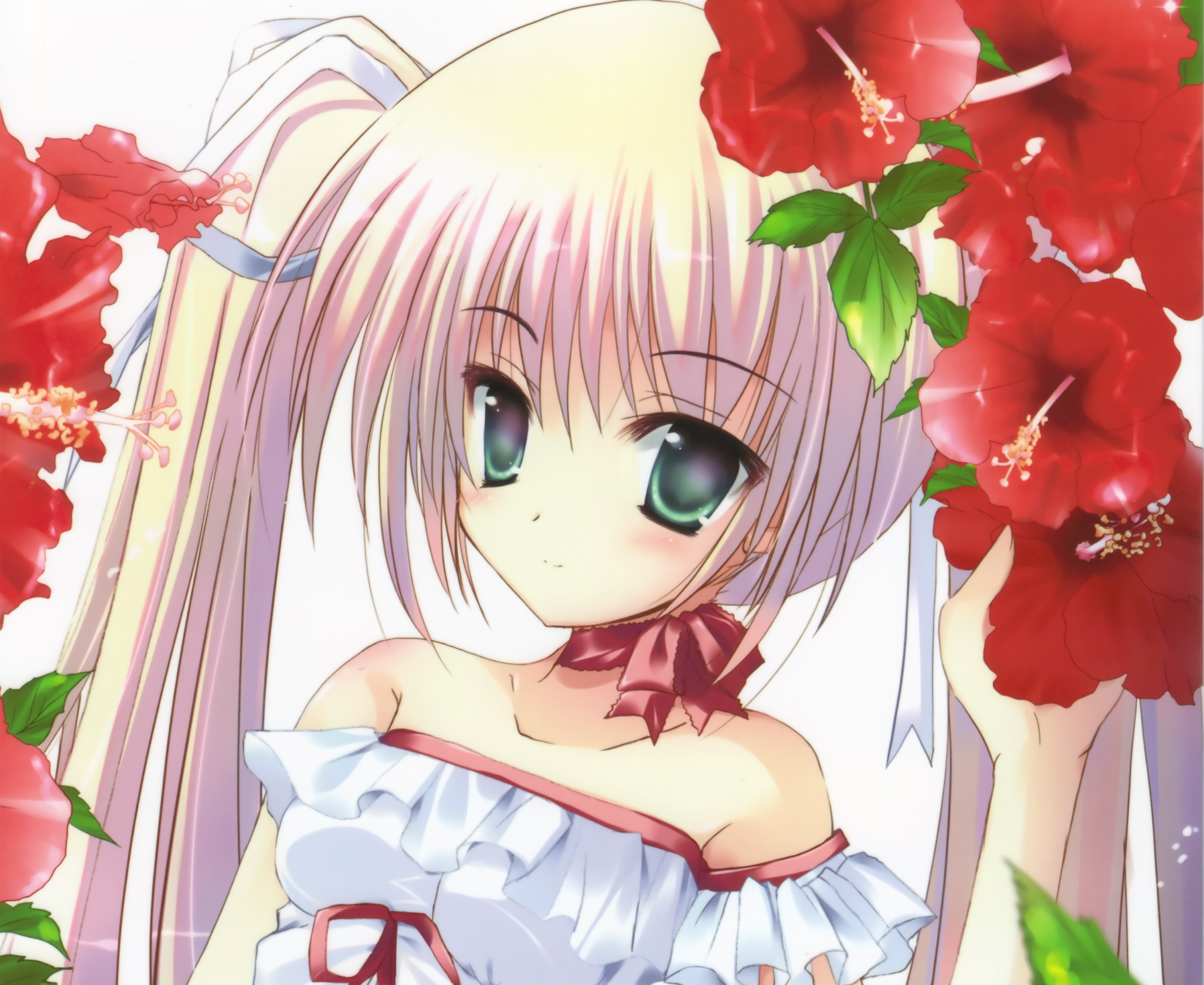 Laden Sie das Blume, Grüne Augen, Original, Blondinen, Animes, Lange Haare, Twintails, Schleife (Kleidung)-Bild kostenlos auf Ihren PC-Desktop herunter