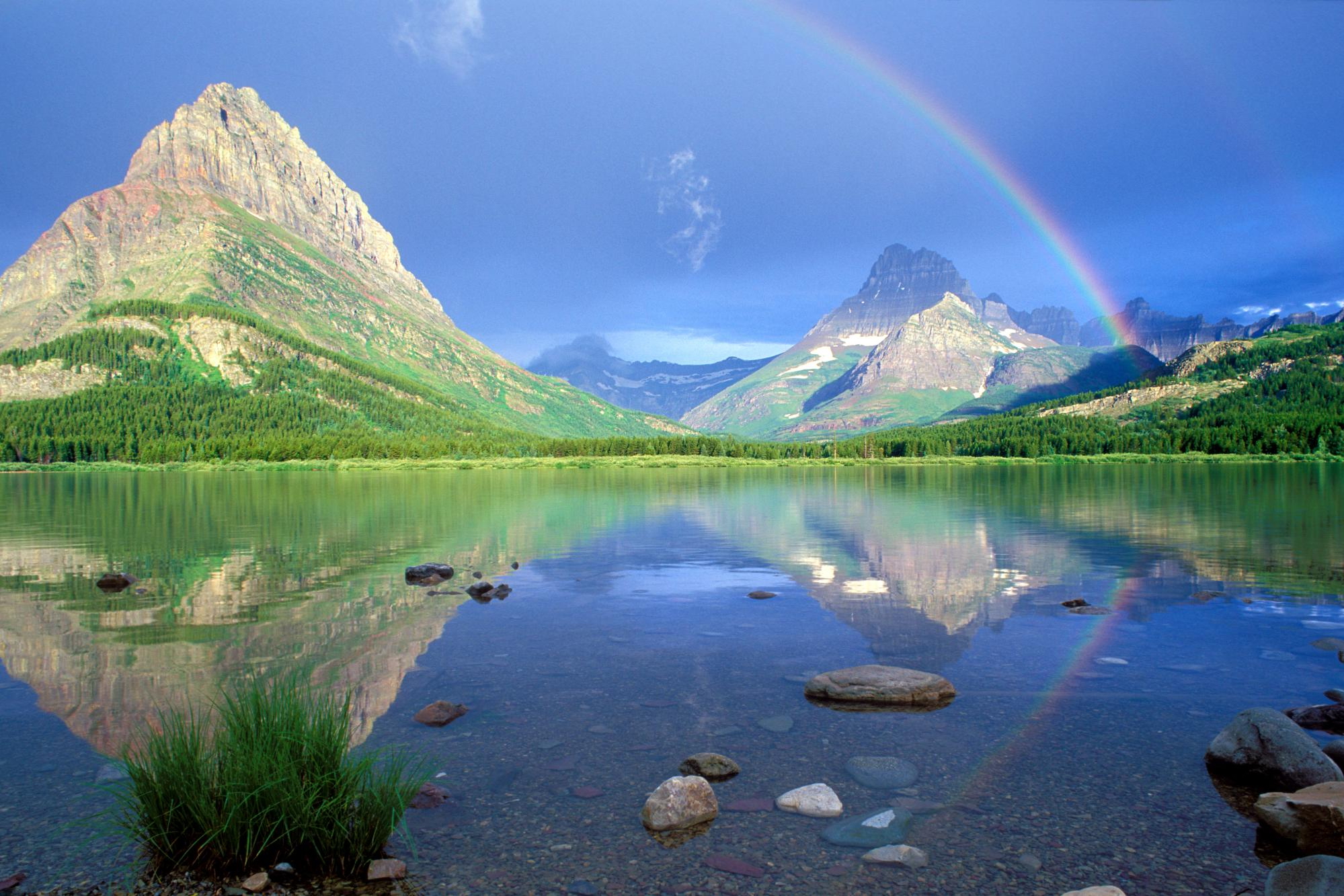 Download mobile wallpaper Landscape, Nature, Water, Rainbow, Mountain, Lake, Reflection, Earth for free.