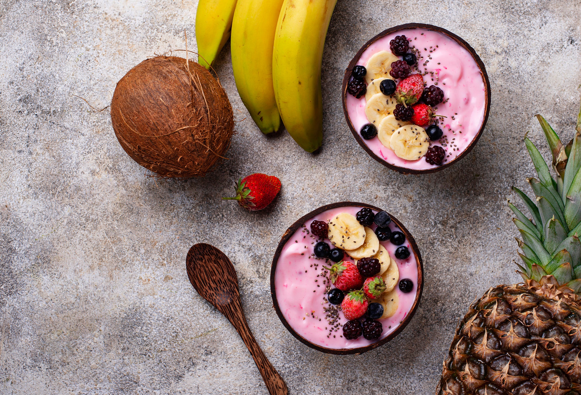 Download mobile wallpaper Food, Blueberry, Berry, Fruit, Banana, Coconut, Yogurt for free.
