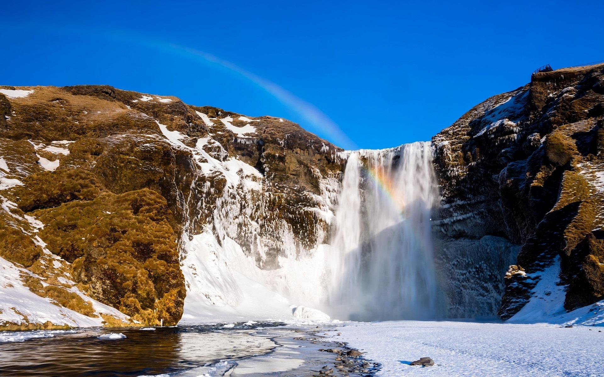 Download mobile wallpaper Nature, Ice, Waterfalls, Rainbow, Waterfall, Earth, River for free.