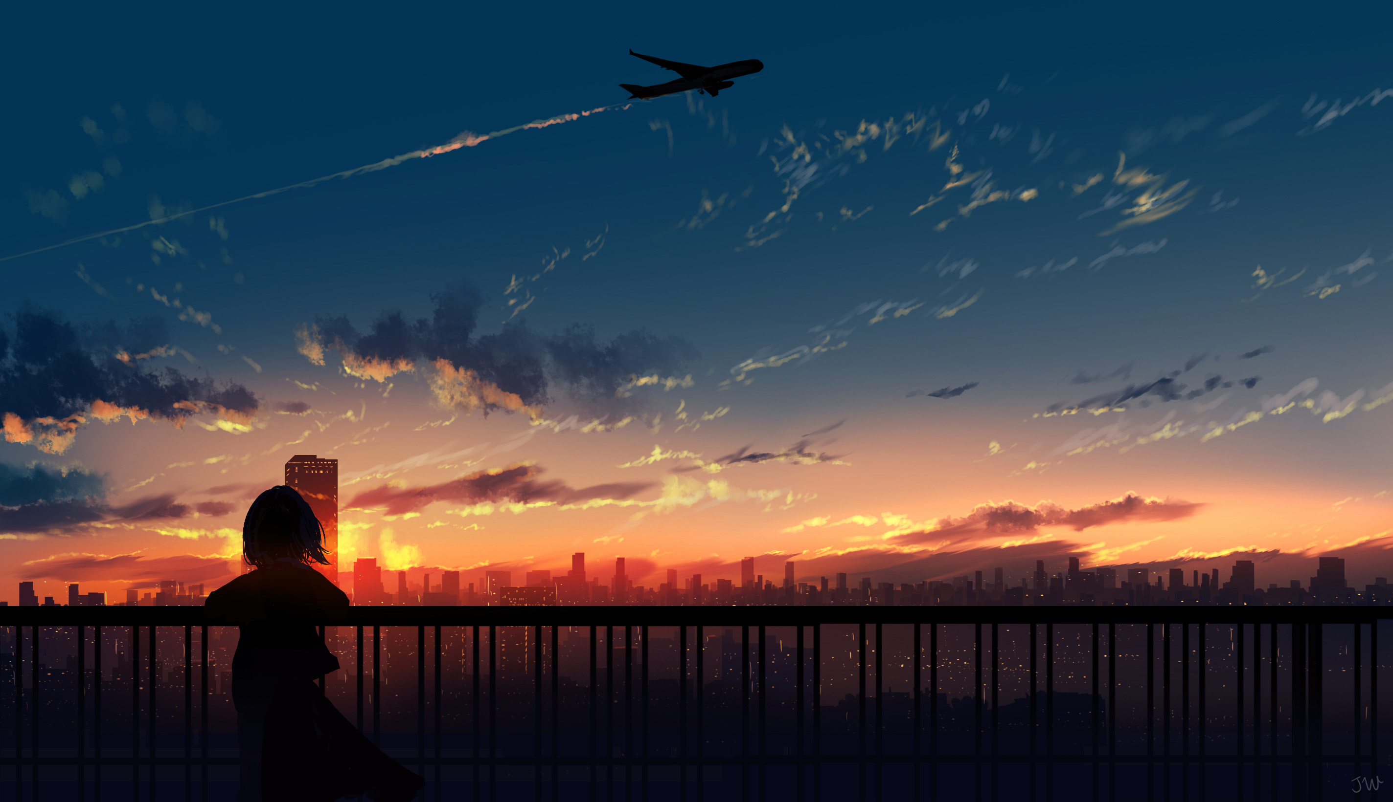 Download mobile wallpaper Anime, Landscape, Sunset, Girl for free.