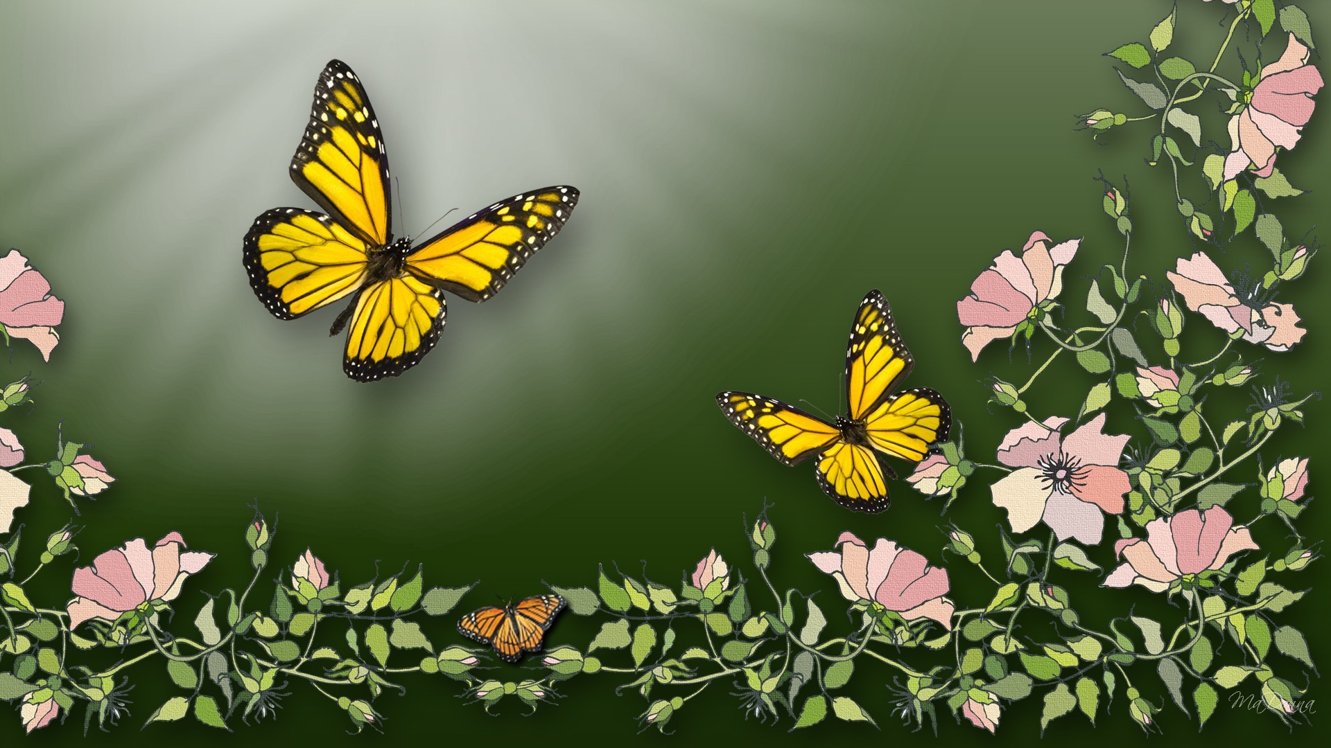 843770 завантажити картинку метелик, художній, квітка, плющ, листок, рожевий, виноградна лоза, жовтий - шпалери і заставки безкоштовно